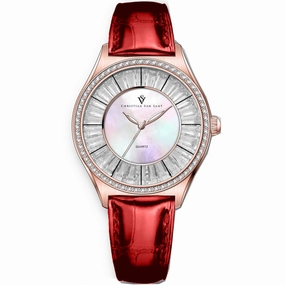 Christian Van Sant Women's Watch - Luna Quartz Mop Dial Red Leather Strap | CV3208