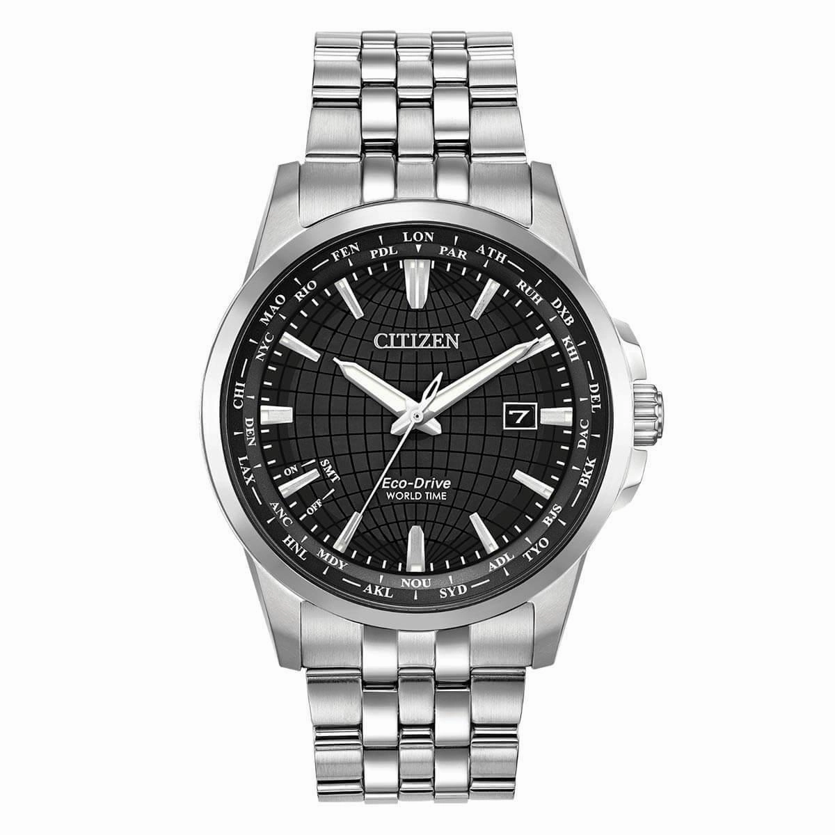 Citizen Men's Bracelet Watch - World Time Black Dial Stainless Steel | BX1000-57E