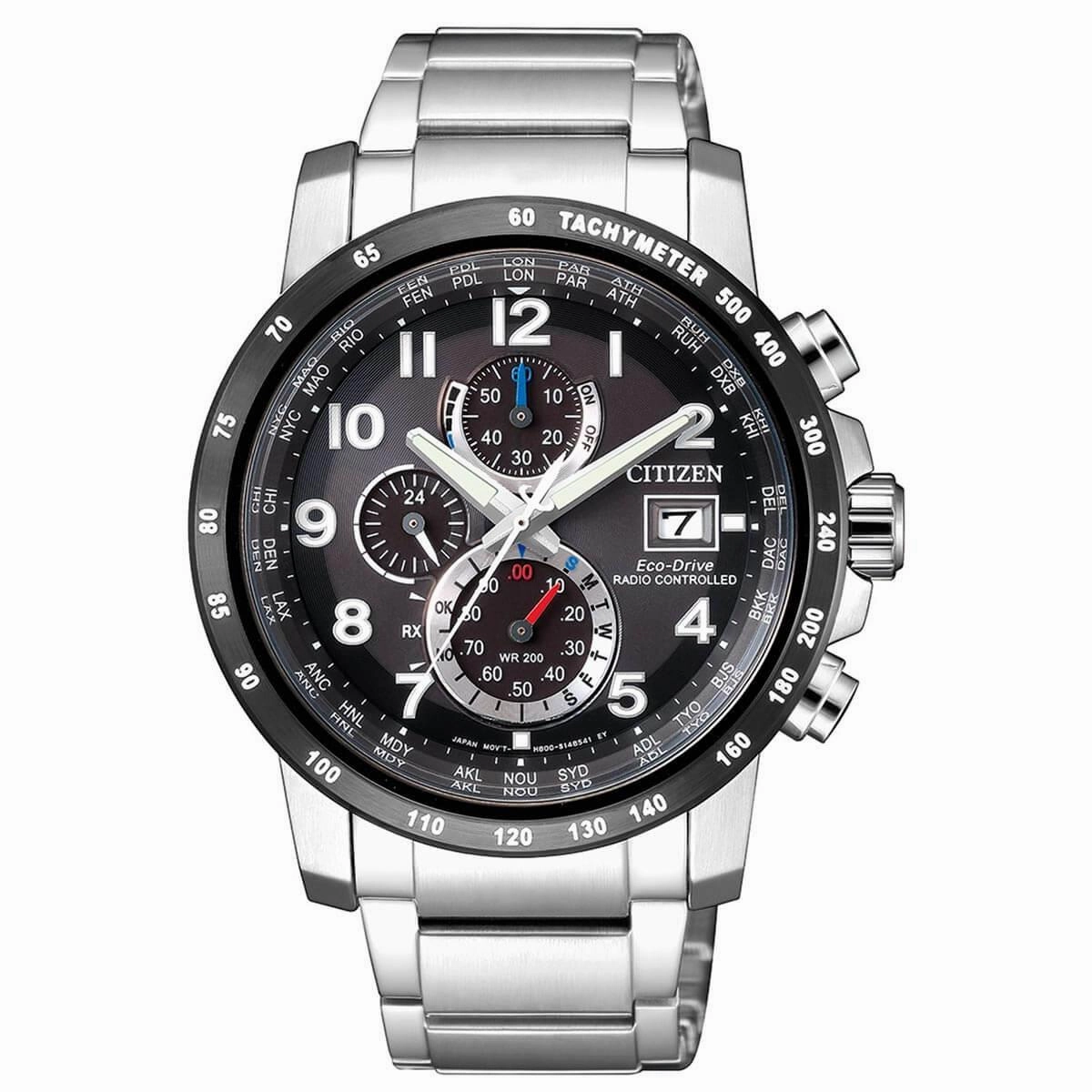 Citizen Men's Chronograph Watch - Eco-Drive Black Dial Steel Bracelet | AT8124-83E