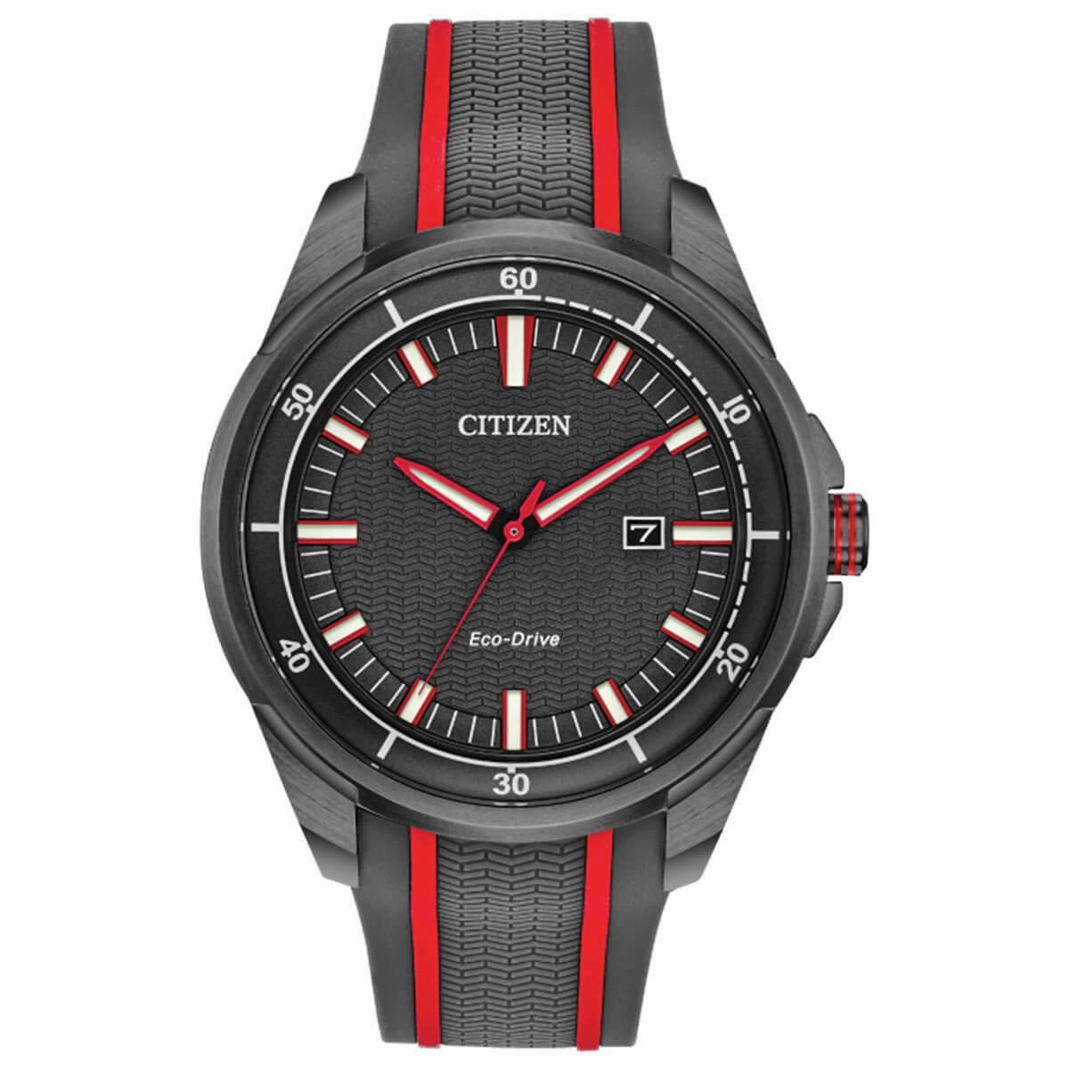 Citizen Men's Eco Drive Watch - Drive Grey and Red Silicone Rubber Strap | AW1607-03H