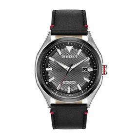 Citizen Men's Eco-Drive Watch - WDR Black Dial Black Leather Strap | AW1148-09E