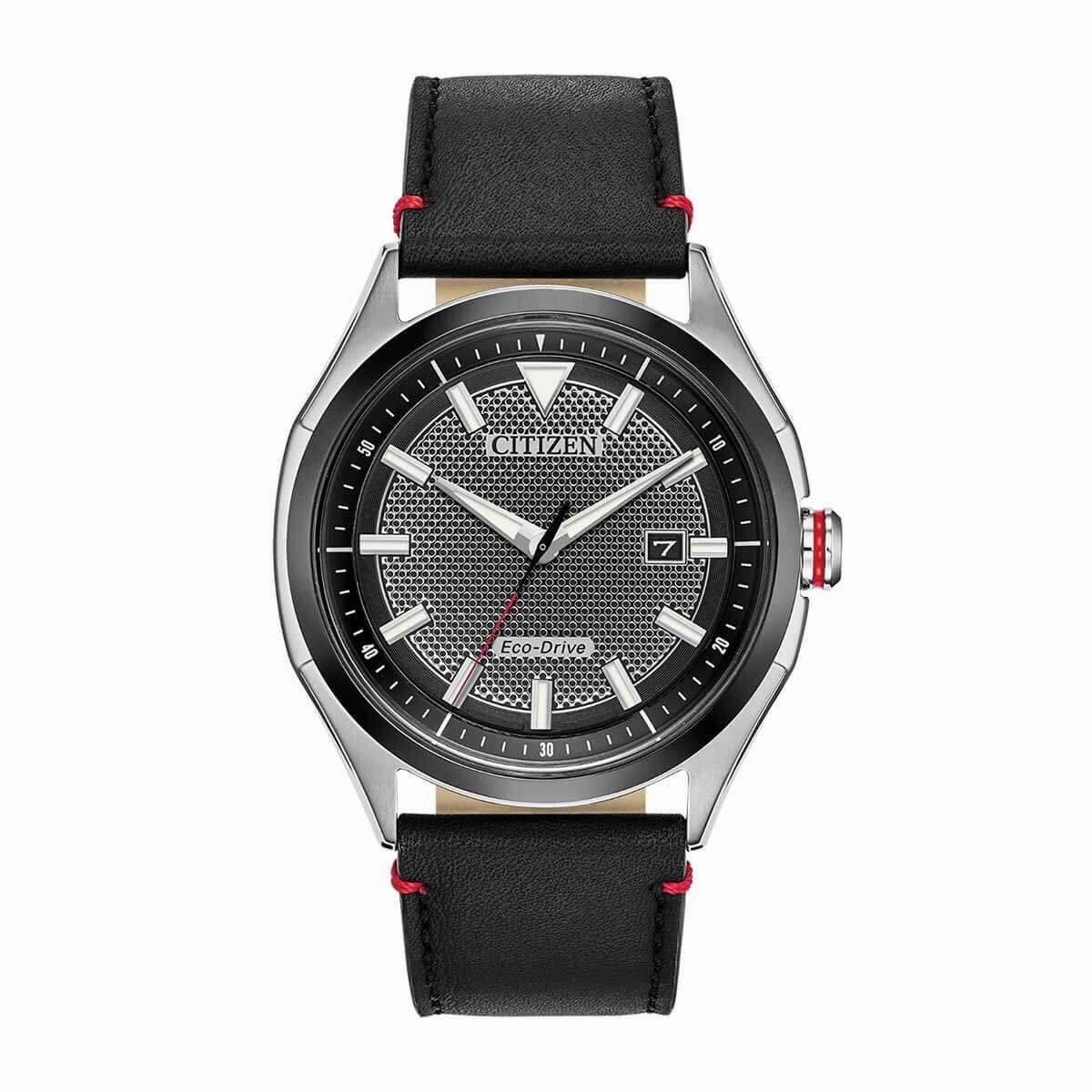 Citizen Men's Eco-Drive Watch - WDR Black Dial Black Leather Strap | AW1148-09E