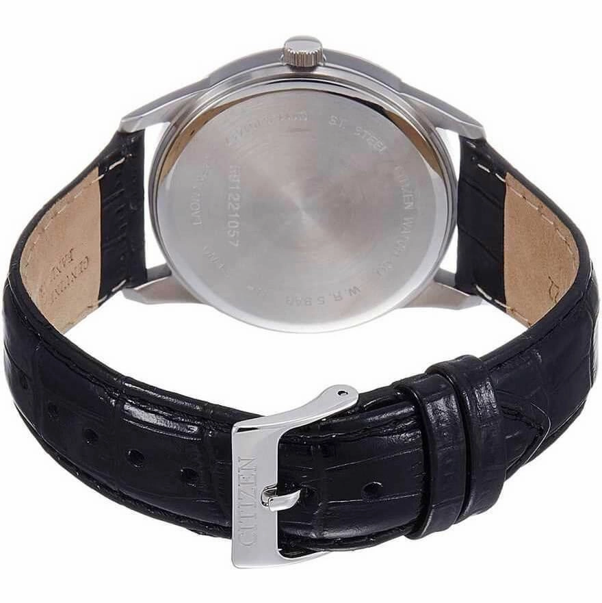 Citizen Men's Strap Watch - Quartz Date Silver Tone Dial Black Leather | BI5000-01A