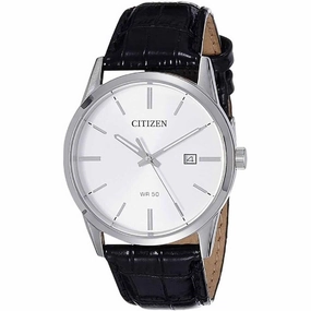 Citizen Men's Strap Watch - Quartz Date Silver Tone Dial Black Leather | BI5000-01A