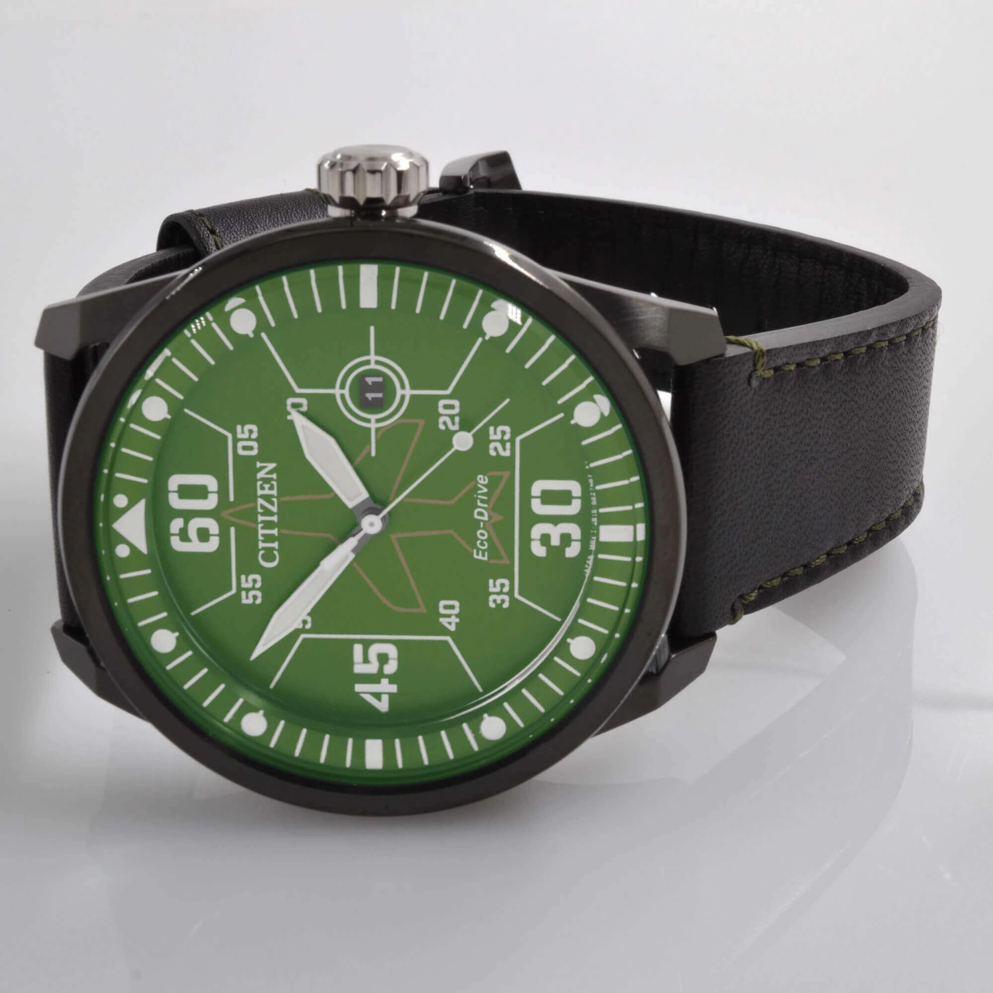 Citizen Men's Watch - Avion Eco-Drive Green Dial Black Leather Strap | AW1735-03X