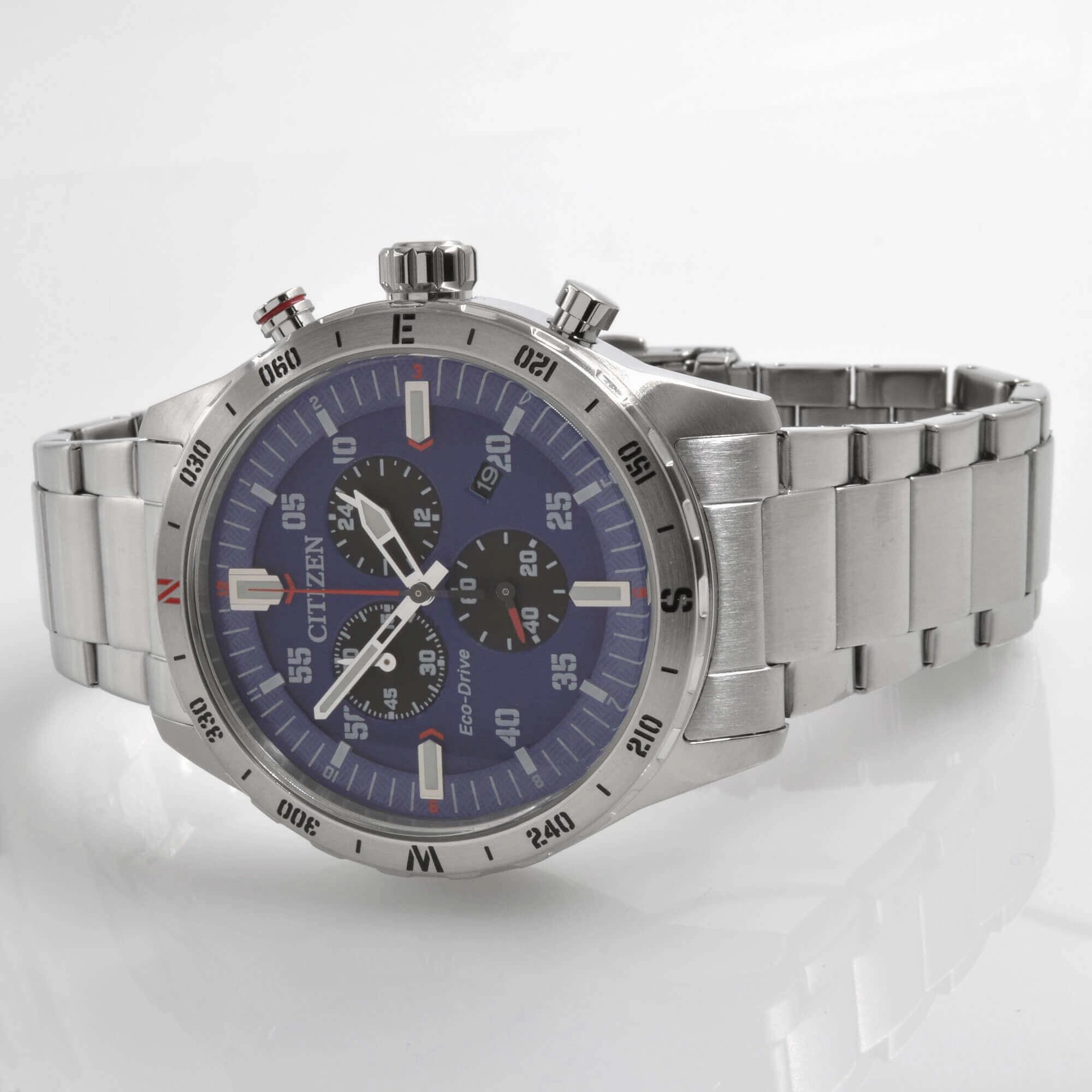 Citizen Men's Watch - Eco-Drive Black and Blue Dial Steel Chronograph | AT2520-89L