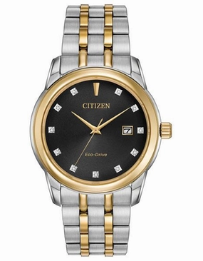 Citizen Mens Eco-Drive Diamond Watch - Two Tone - Black Dial - Bracelet - Date