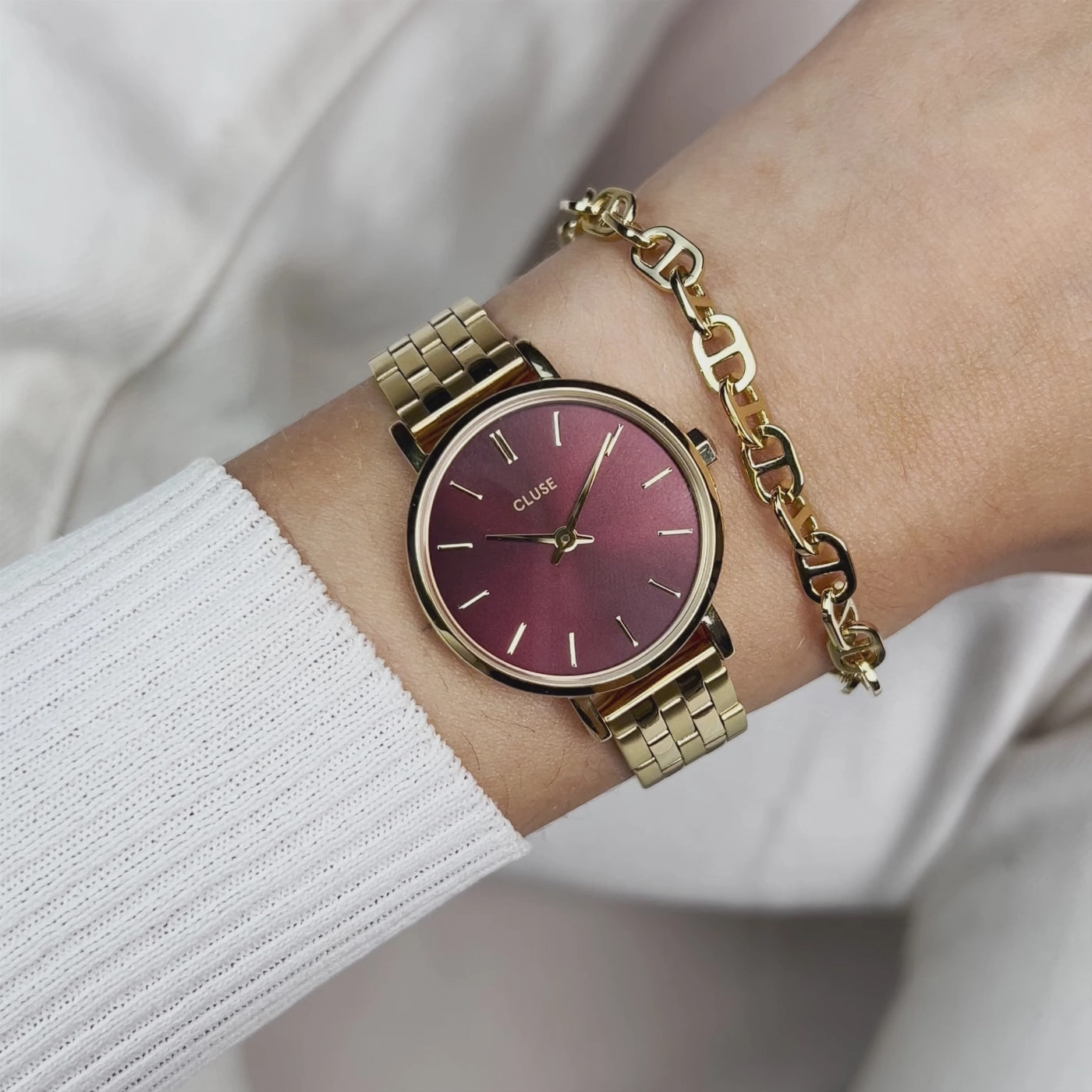 CLUSE Boho Chic Petite Dark Cherry Gold Link Watch CW10505