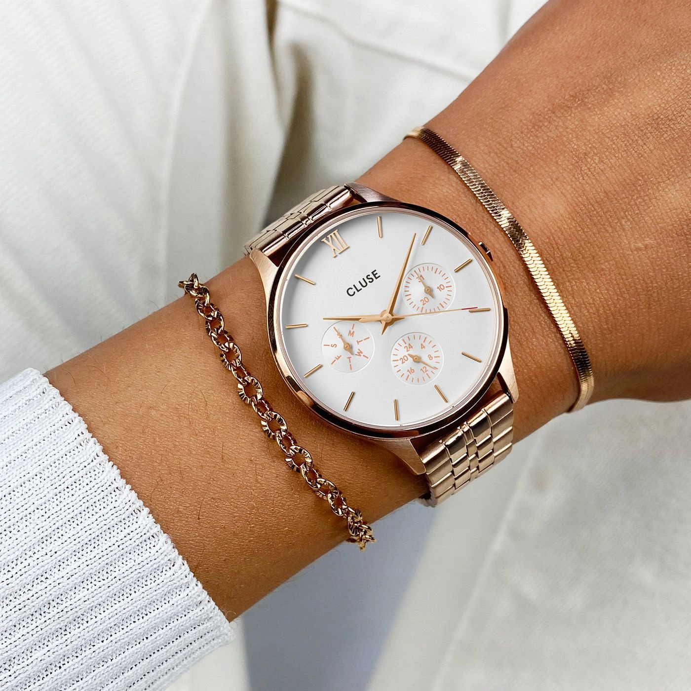 CLUSE Minuit Multifunction White/Rose Gold Link Watch CW10702