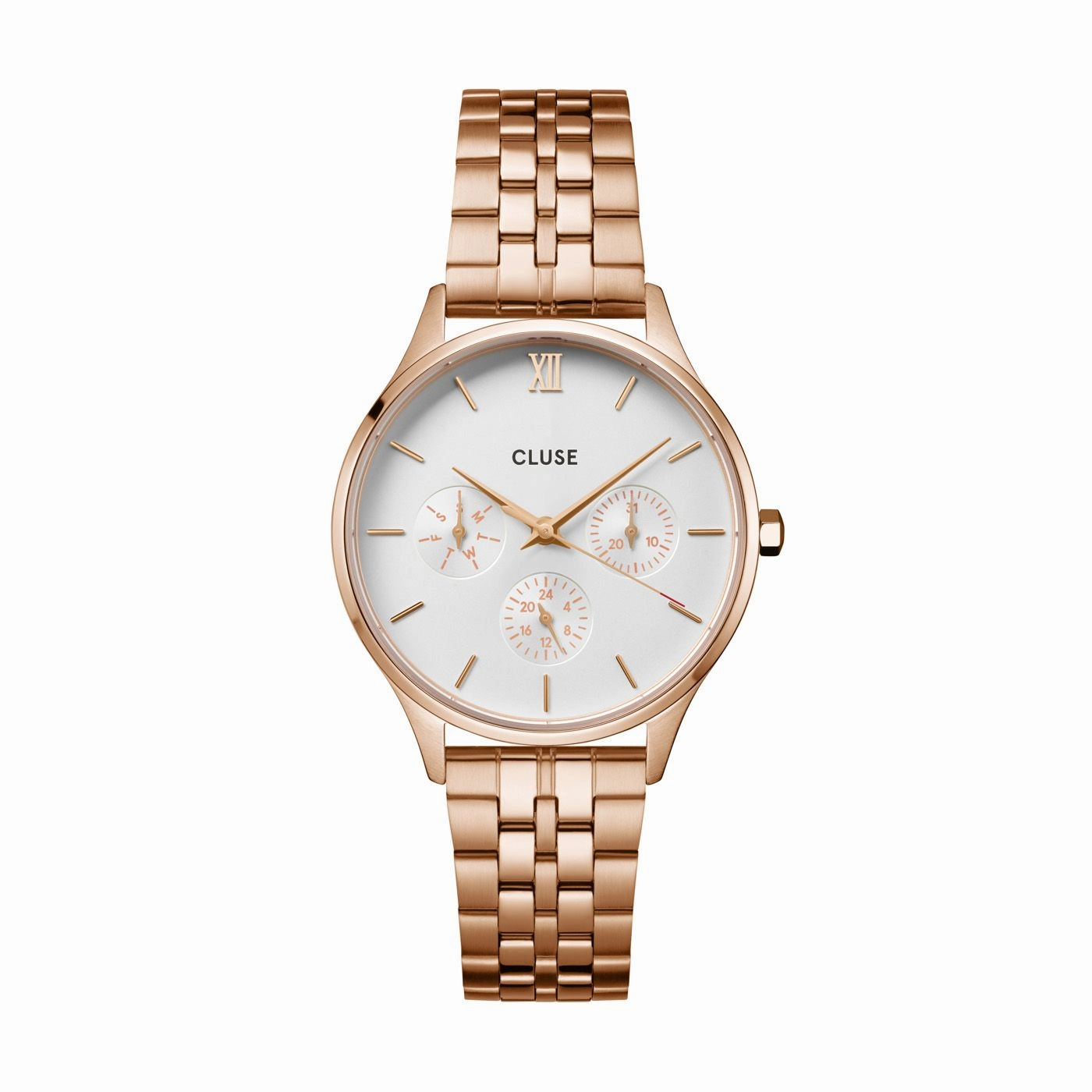 CLUSE Minuit Multifunction White/Rose Gold Link Watch CW10702