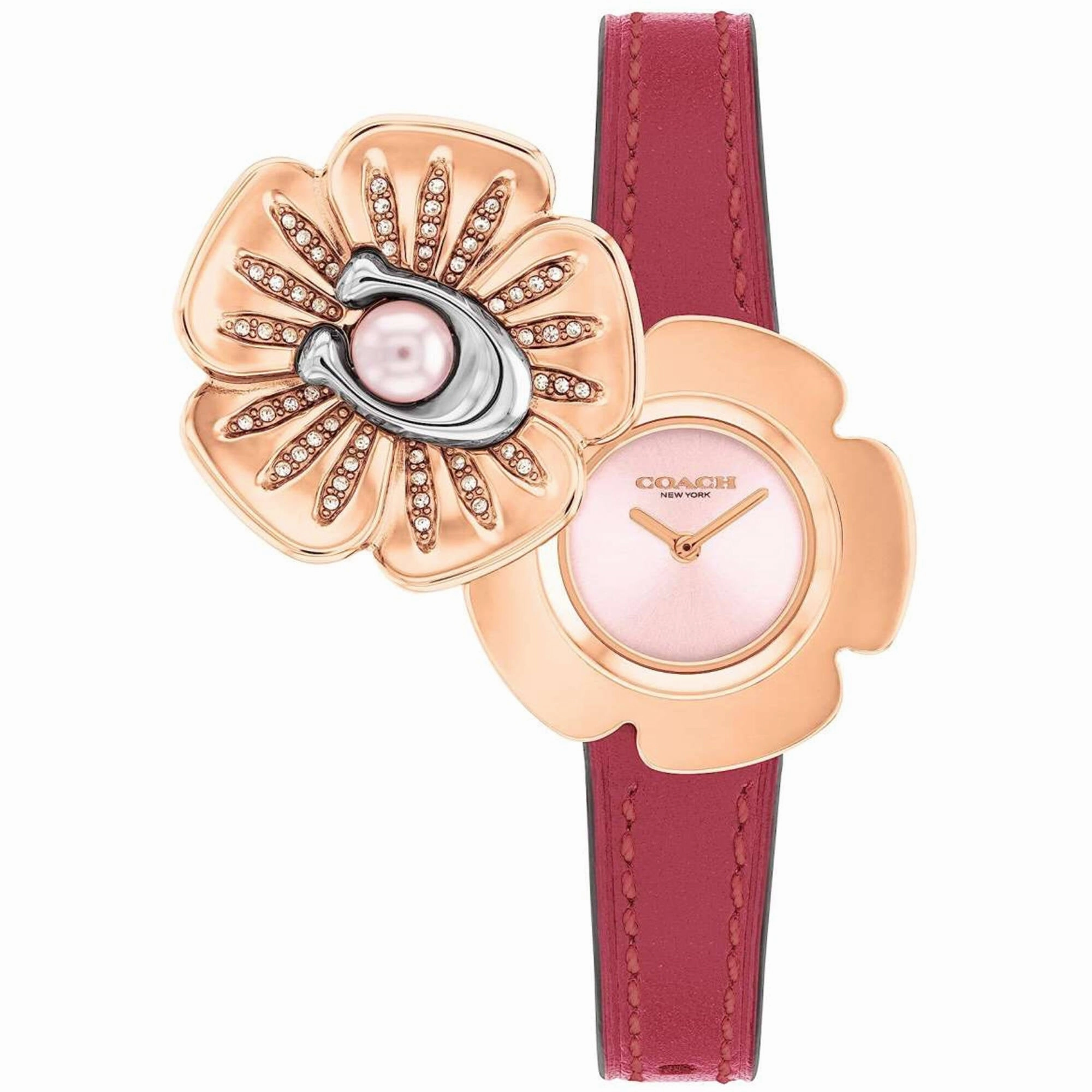 Coach Women's Watch - Tea Rose Quartz Rose Gold Case Pink Dial Red Strap | 14504150