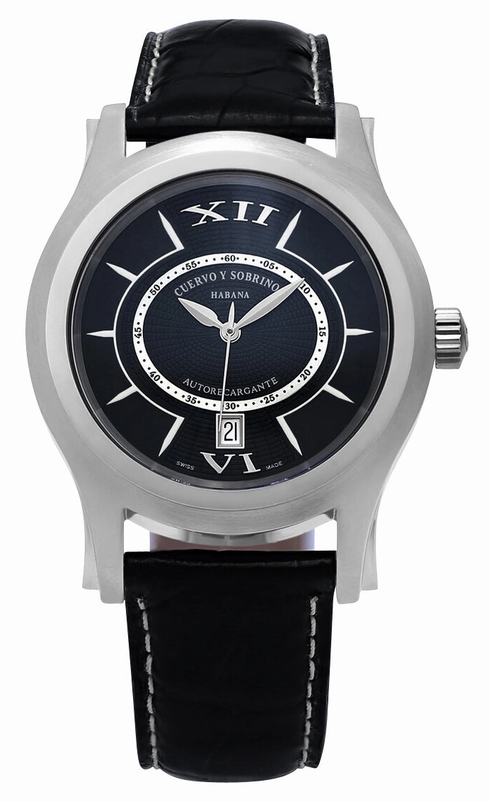 Cuervo y Sobrinos Robusto Solo Tiempo Automatic Stainless Steel Black Dial Black Leather Strap Date Mens Watch 2802.1N