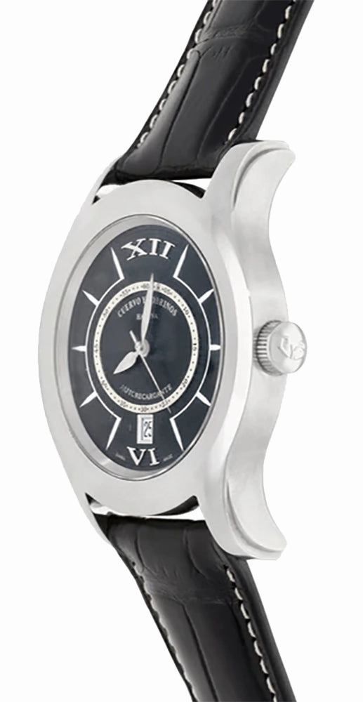 Cuervo y Sobrinos Robusto Solo Tiempo Automatic Stainless Steel Black Dial Black Leather Strap Date Mens Watch 2802.1N