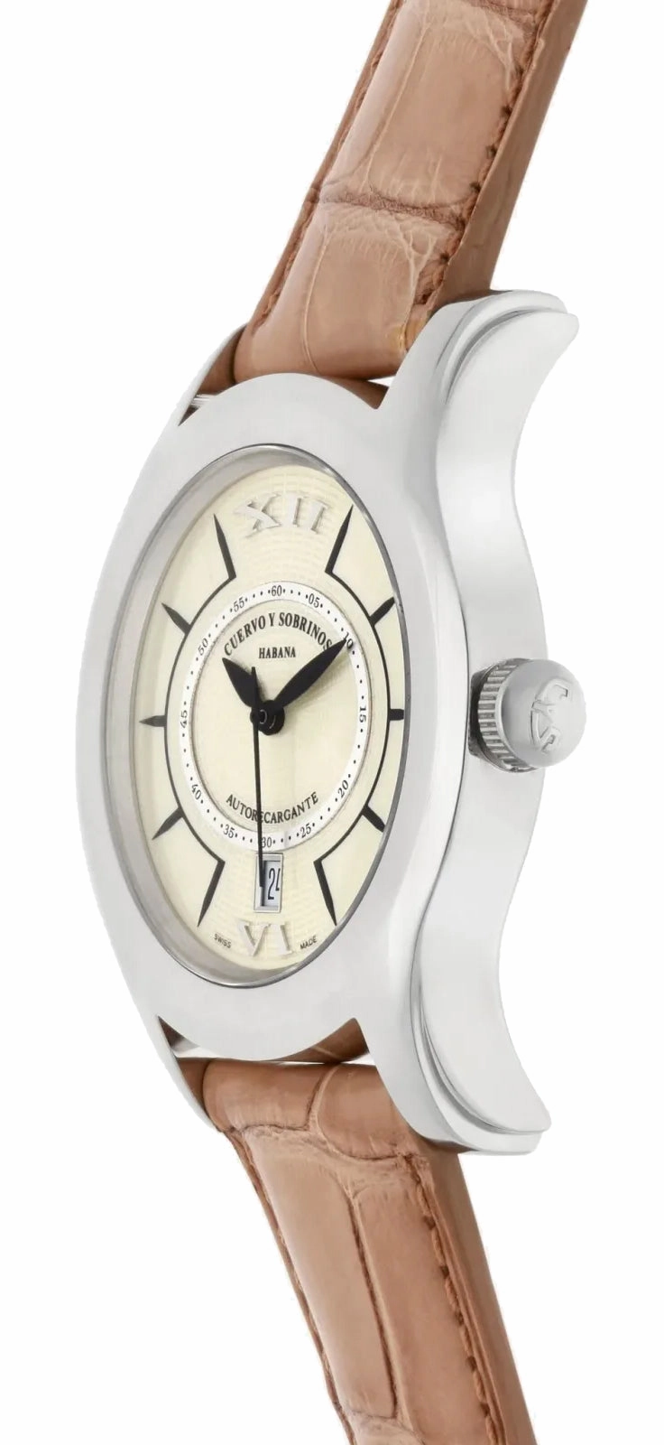 Cuervo y Sobrinos Robusto Solo Tiempo Automatic Stainless Steel Cream Dial Brown Leather Strap Date Mens Watch 2802.1C