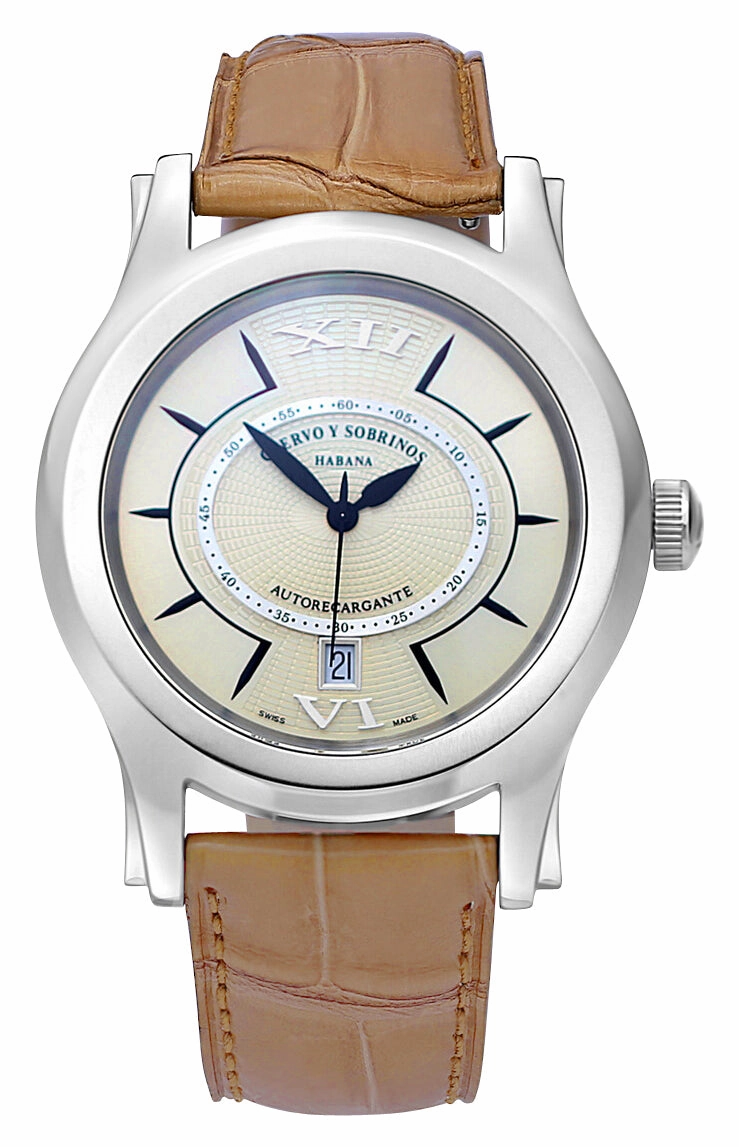 Cuervo y Sobrinos Robusto Solo Tiempo Automatic Stainless Steel Cream Dial Brown Leather Strap Date Mens Watch 2802.1C