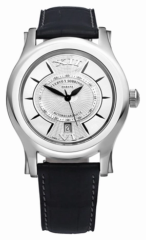 Cuervo y Sobrinos Robusto Solo Tiempo Automatic Stainless Steel Silver Dial Black Leather Strap Date Mens Watch 2802.1A