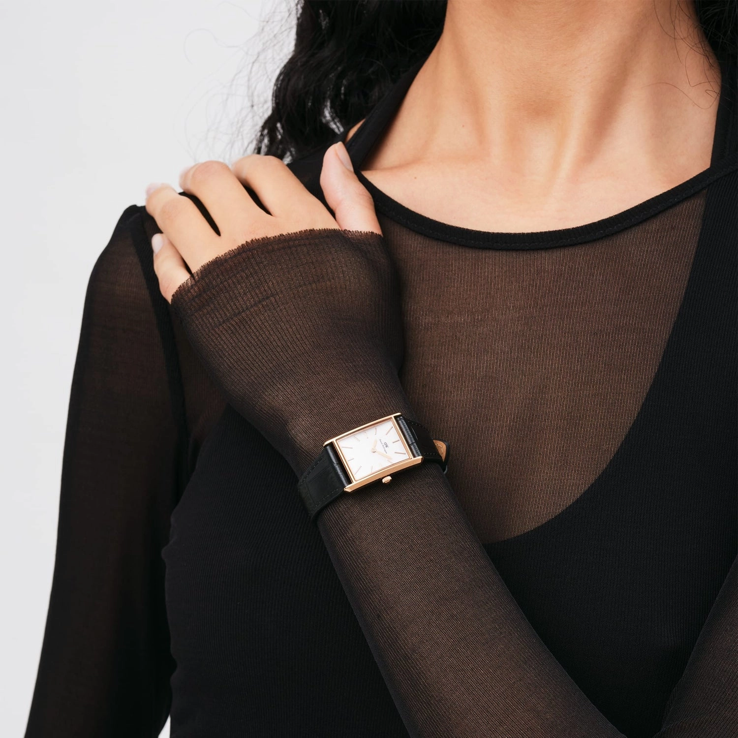 Daniel Wellington Bound Black Crocodile Rose Gold White Dial Watch DW00100698