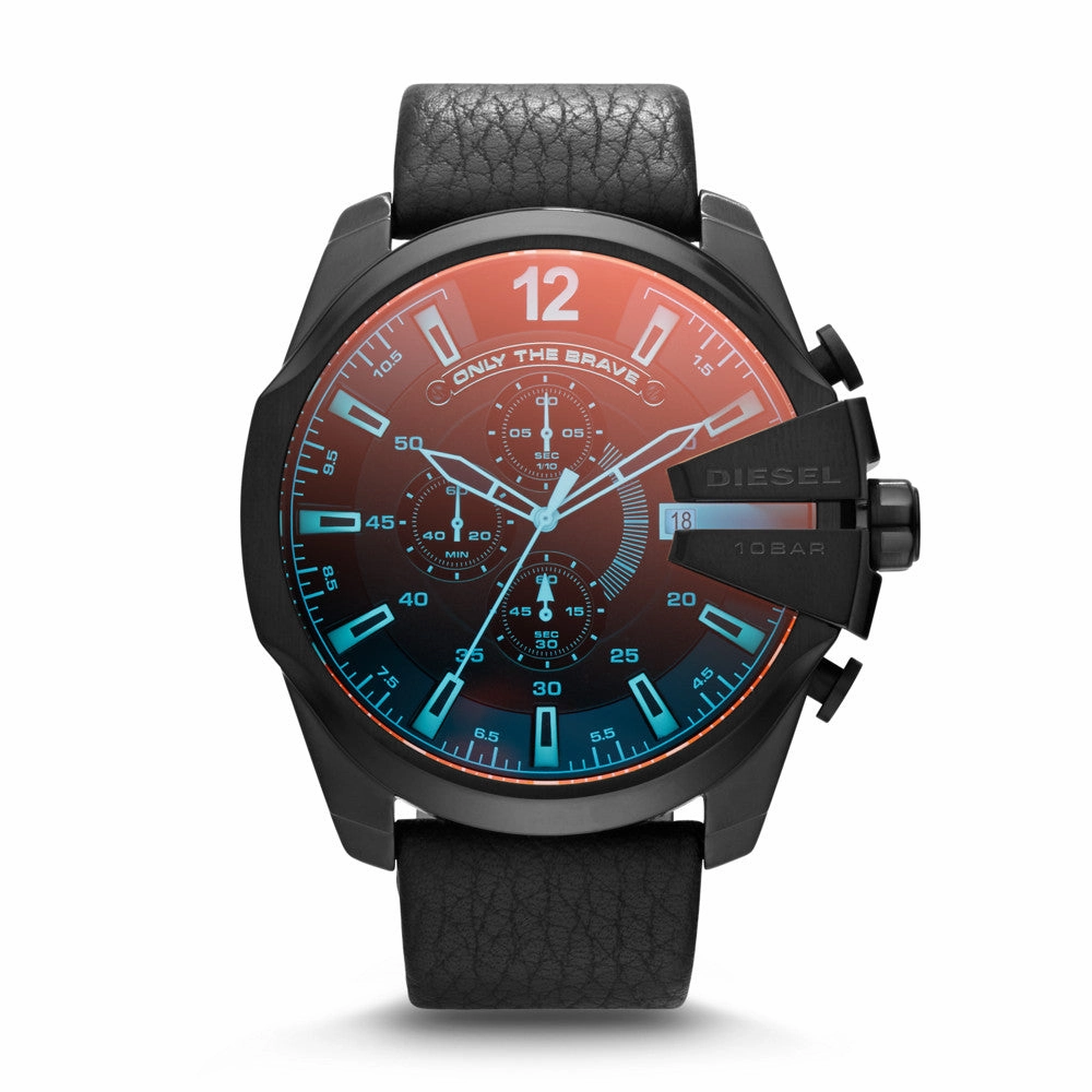 Diesel Men's Mega Chief Chronograph Black Leather Watch DZ4323