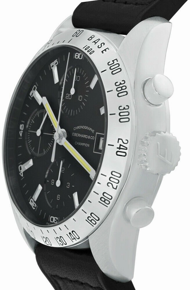 Eberhard & Co. Champion Chronograph Automatic Date Stainless Steel 31044.14 Mens Watch with Black Leather Band Black Dial