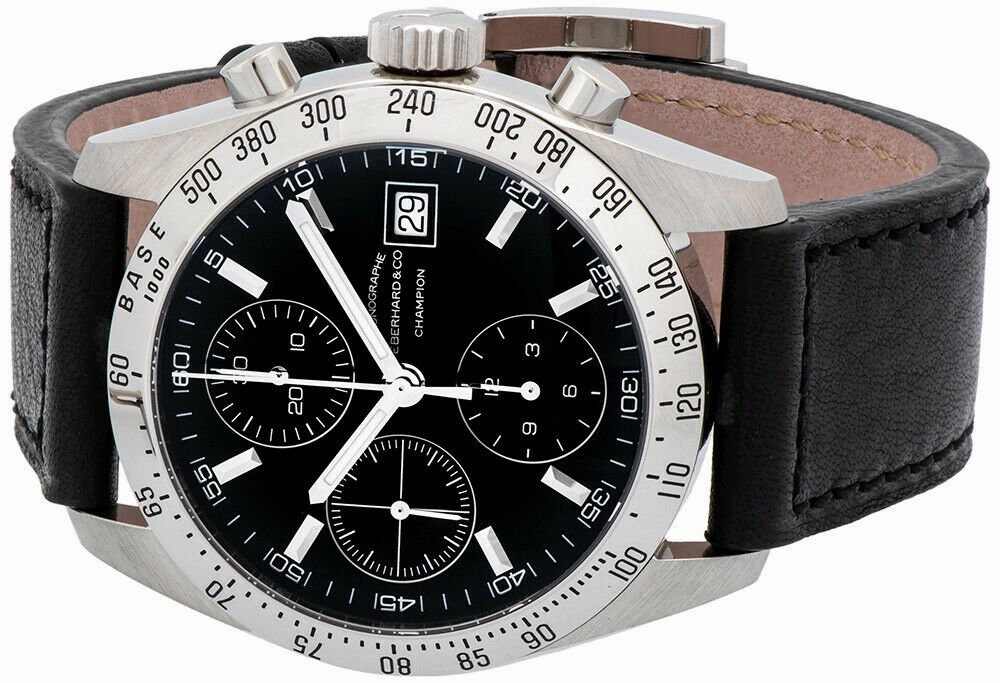 Eberhard & Co. Champion Chronograph Automatic Date Stainless Steel 31044.14 Mens Watch with Black Leather Band Black Dial