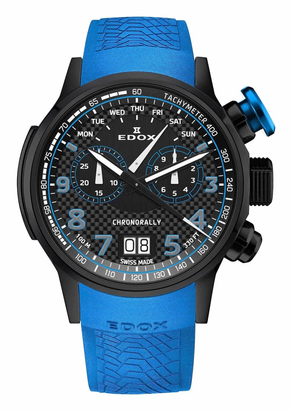 Edox Chronorally Chronograph Black PVD Titanium Black Dial Blue Rubber Strap Day/Date Quartz Mens Watch 38001-TINNBU3-NIBU3