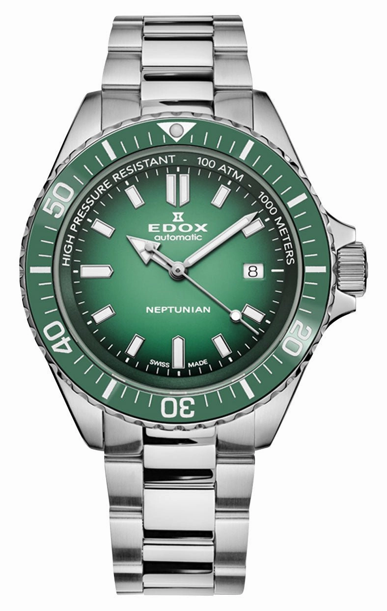 Edox Neptunian Automatic Stainless Steel Green Dial Date Divers Mens Watch 80120-3VM-VDN1