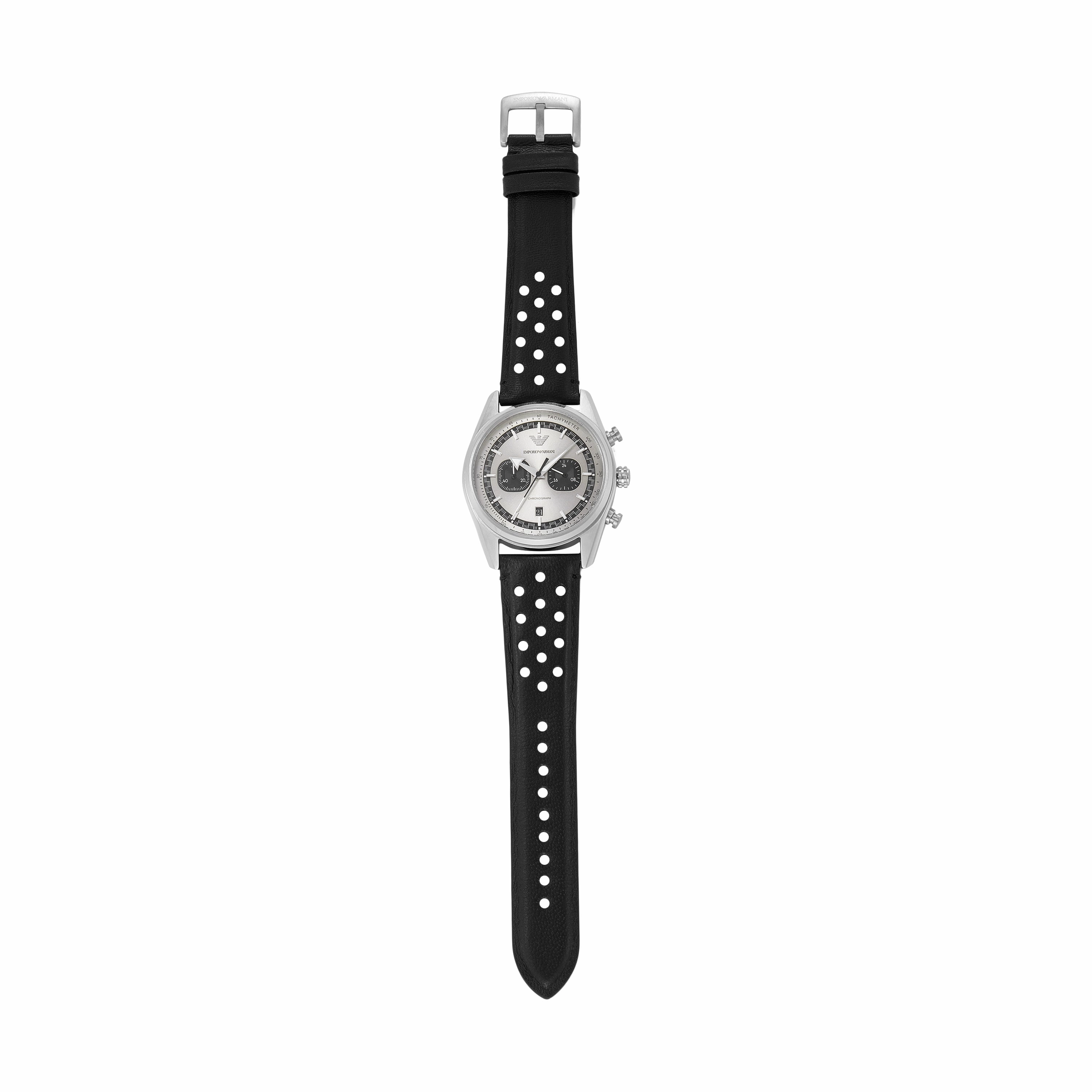Emporio Armani Chronograph Silver Dial Black Leather Strap Watch AR11677