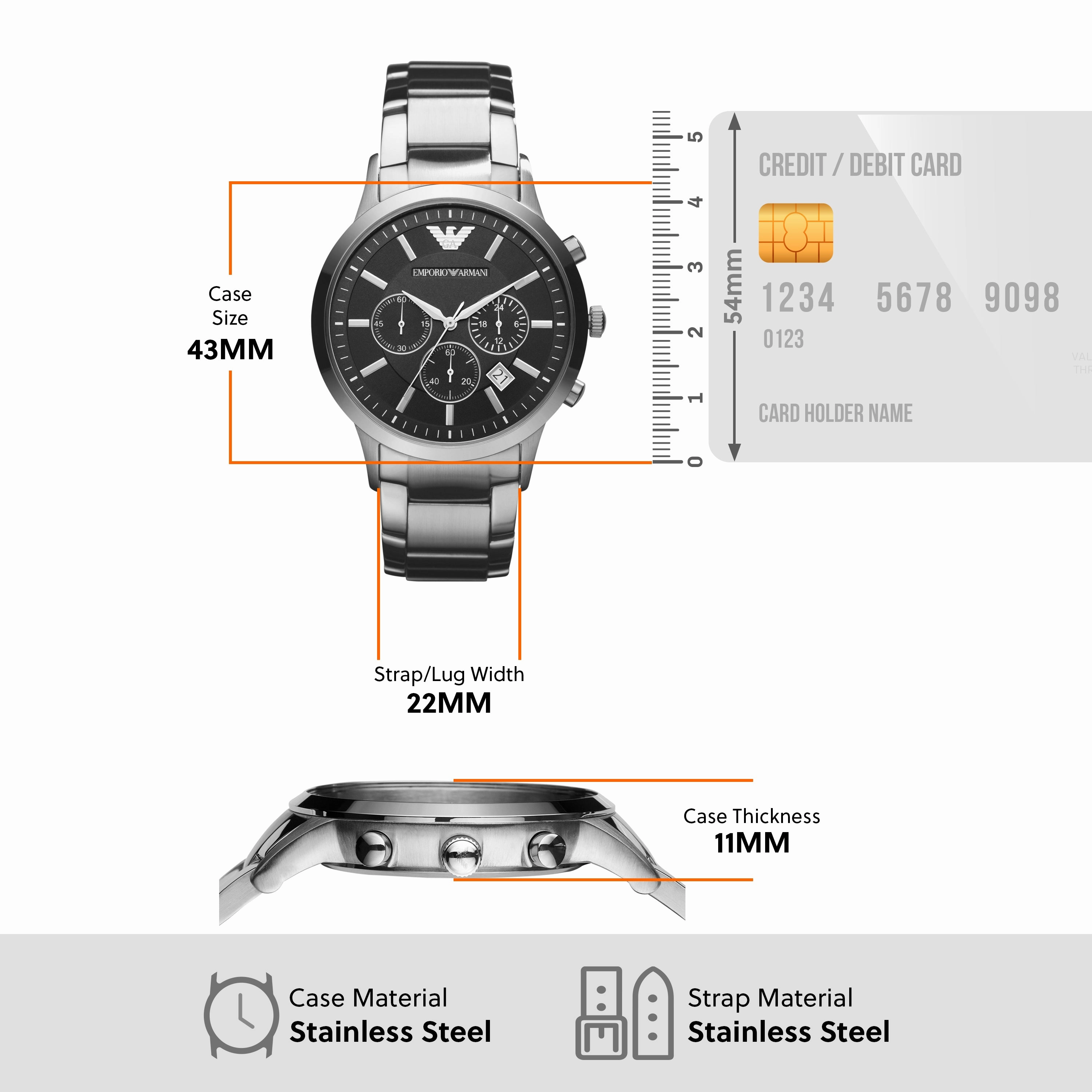 Emporio Armani Elegant Black Dial Stainless Steel Chronograph Watch AR2434