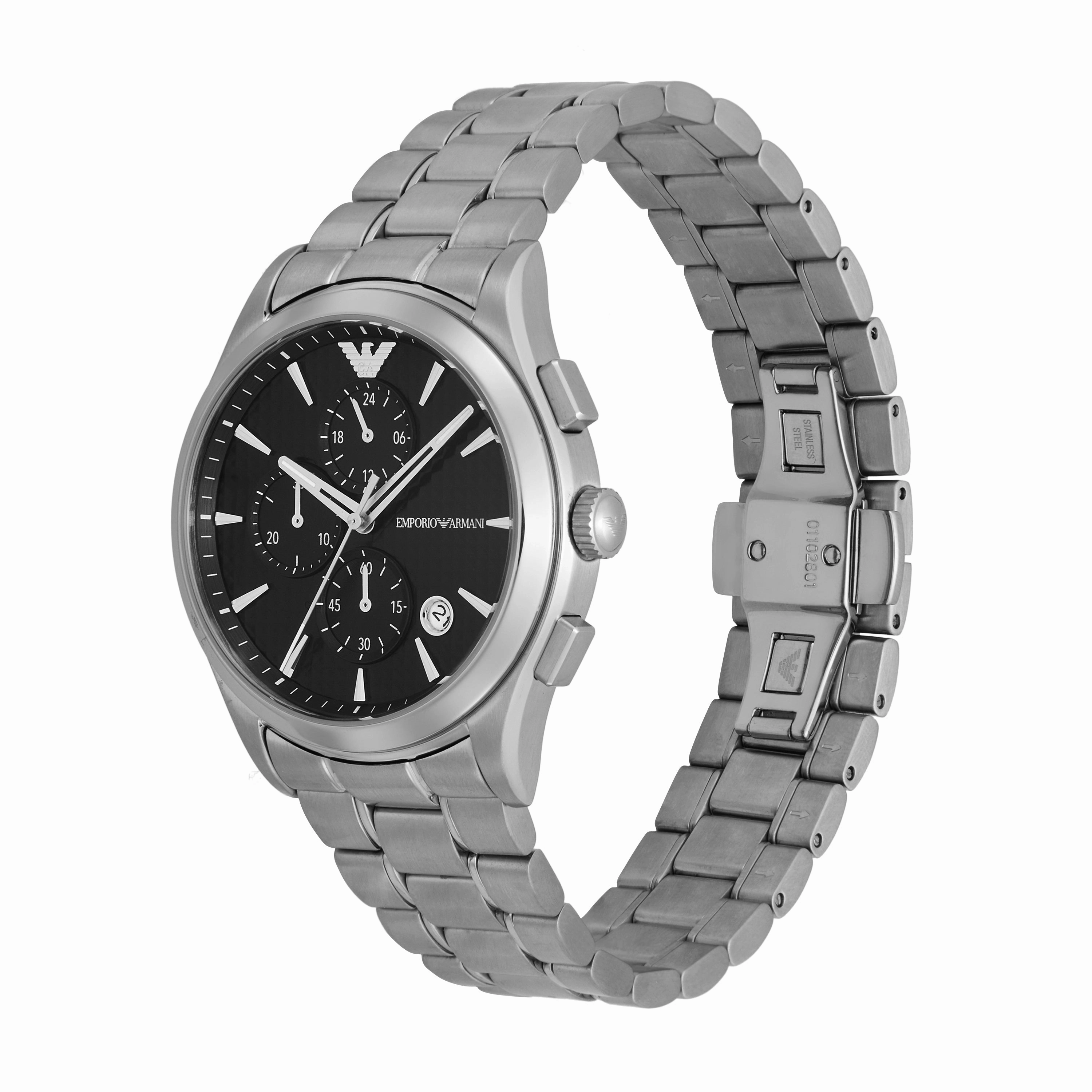 Emporio Armani Silver Steel Watch with Black Dial and Chronograph AR11602