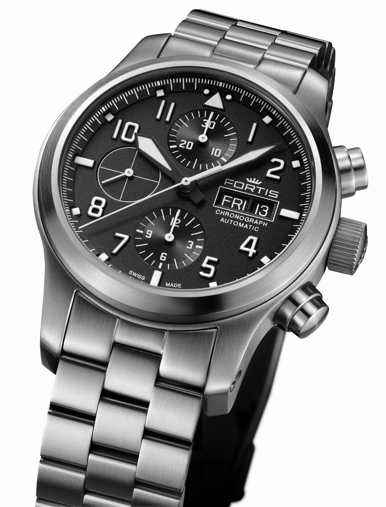 Fortis Aeromaster Automatic Chronograph Stainless Steel Black Dial Day/Date Divers Mens Watch F4040000