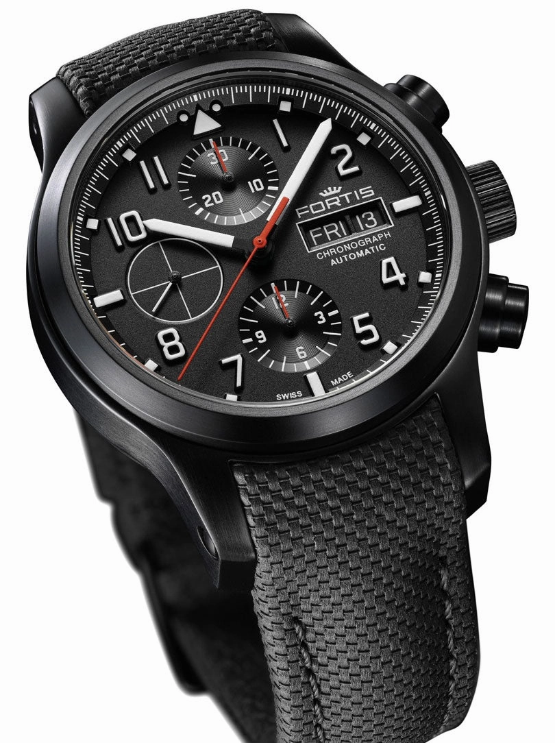 Fortis Aeromaster Professional Automatic Chronograph Black PVD Black Dial Black Textile Strap Day/Date Divers Mens Watch F4040002