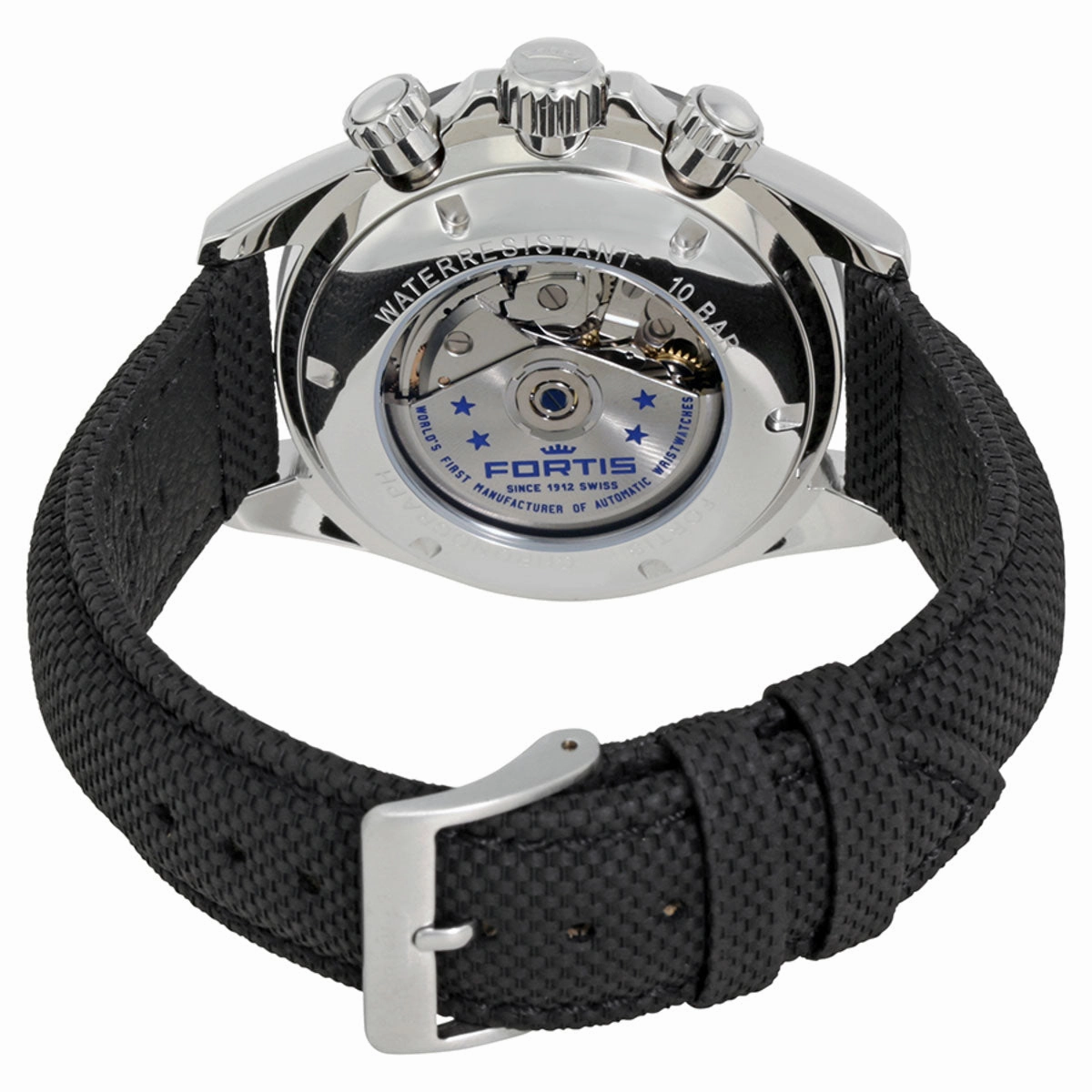 Fortis Stratoliner Automatic Chronograph Stainless Steel Black Dial Black Textile Strap Day/Date Mens Watch F2340001