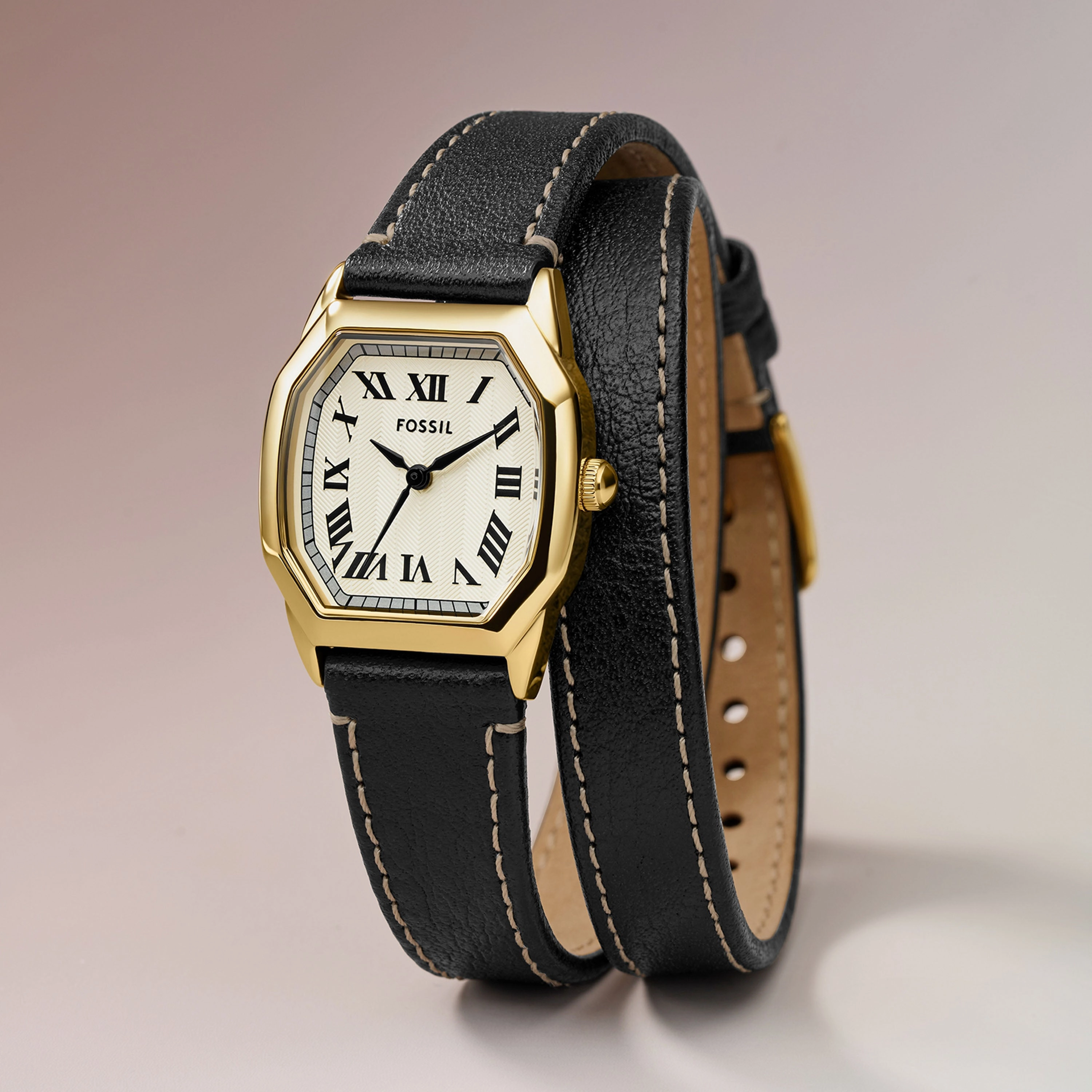 Fossil Harlow Three-Hand Black Leather Strap Watch ES5404