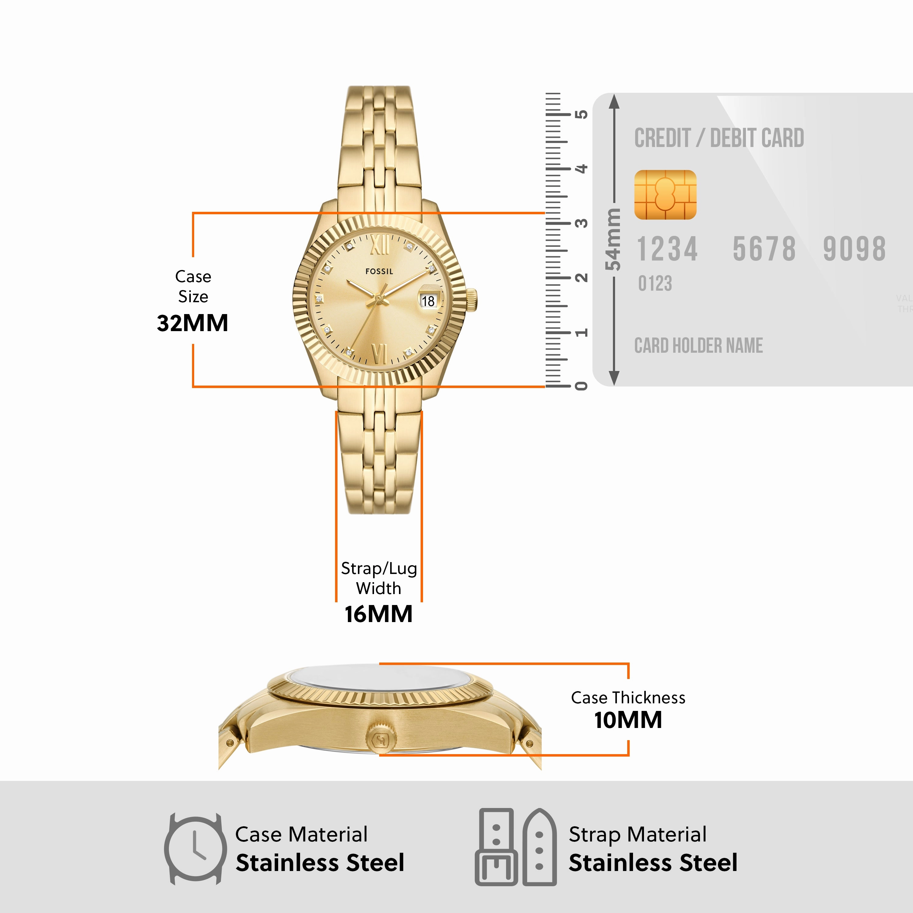 Fossil Scarlette Three-Hand Gold Dial Gold Stainless Steel Watch ES5338