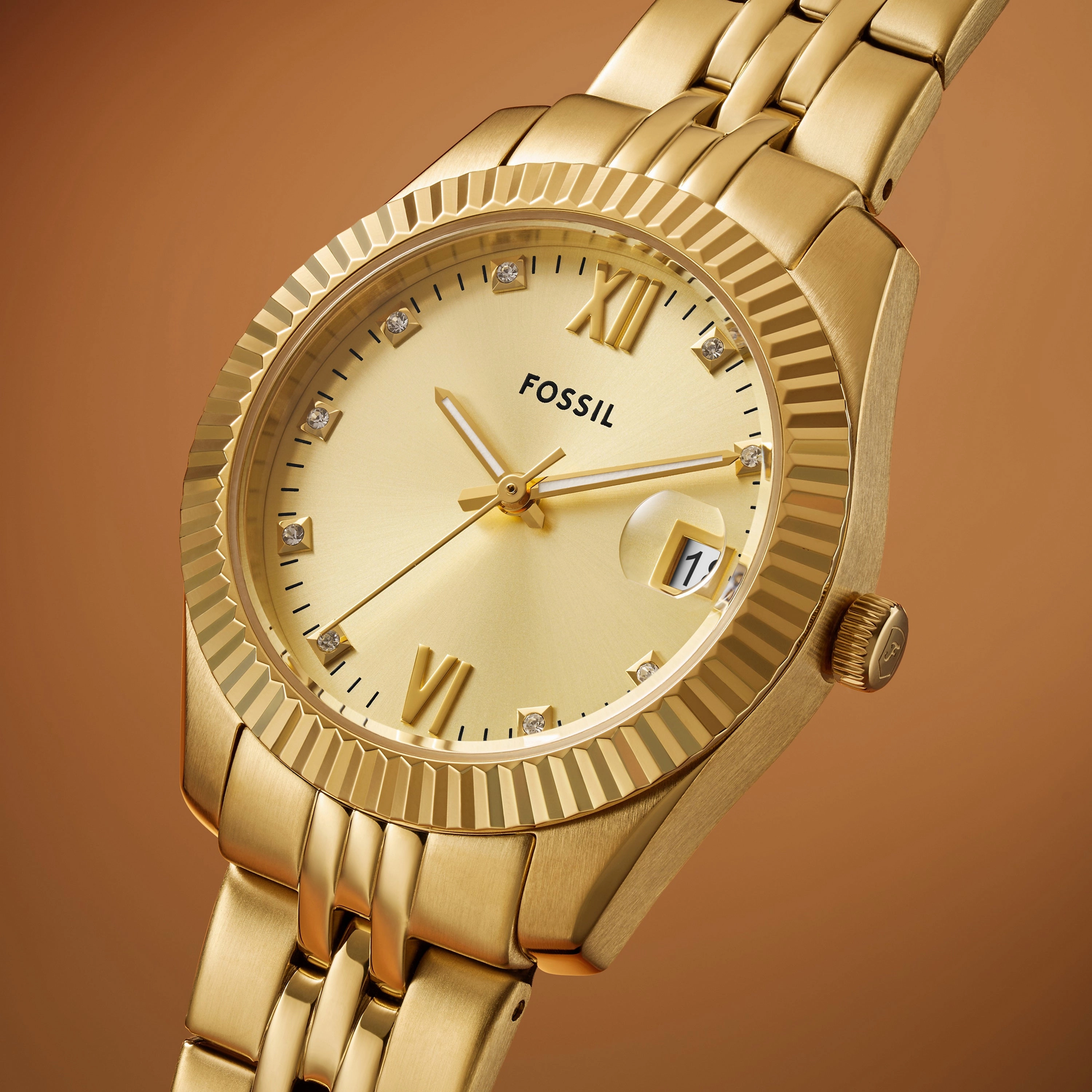 Fossil Scarlette Three-Hand Gold Dial Gold Stainless Steel Watch ES5338