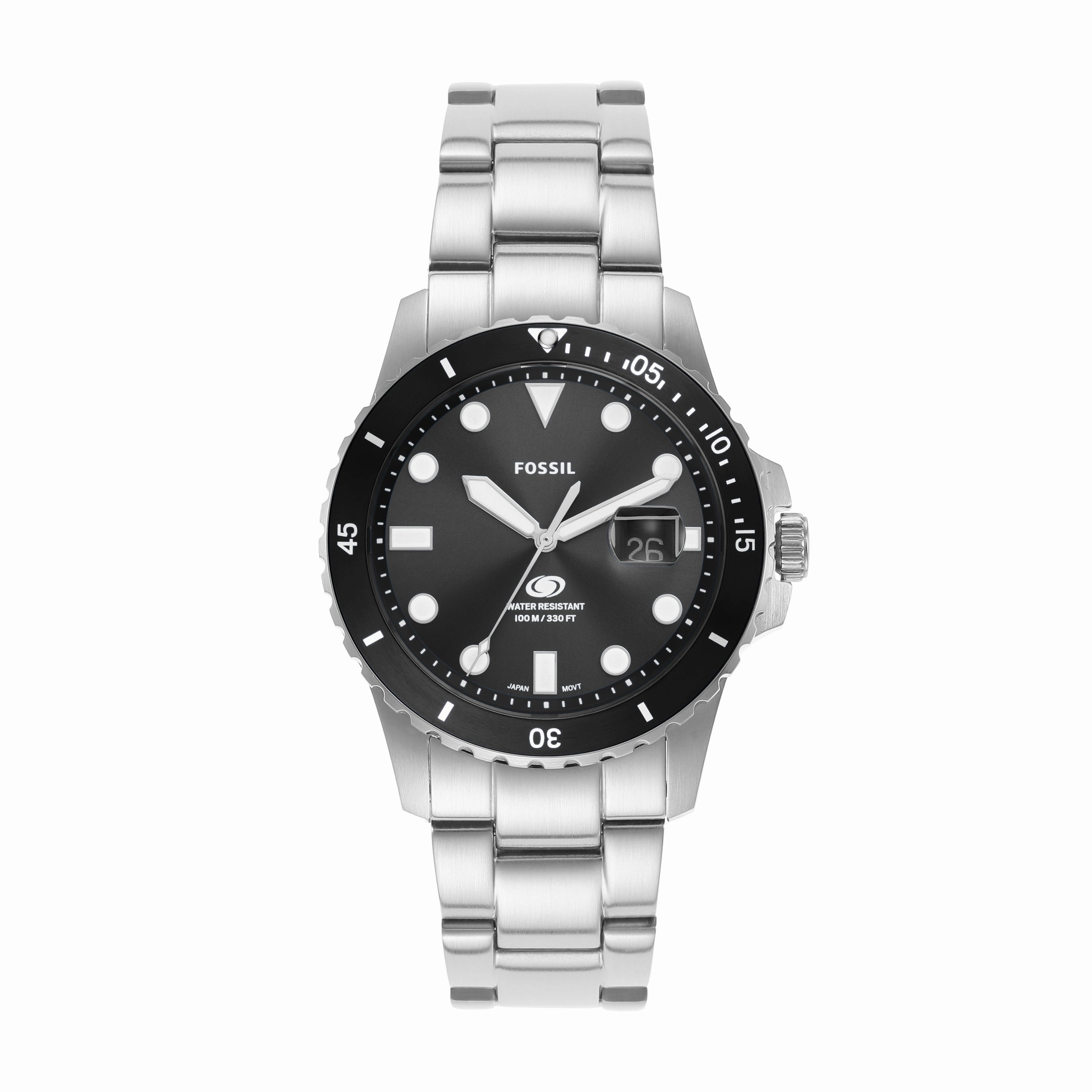 Fossil Silver Stainless Steel Black Dial Men's Watch FS6032