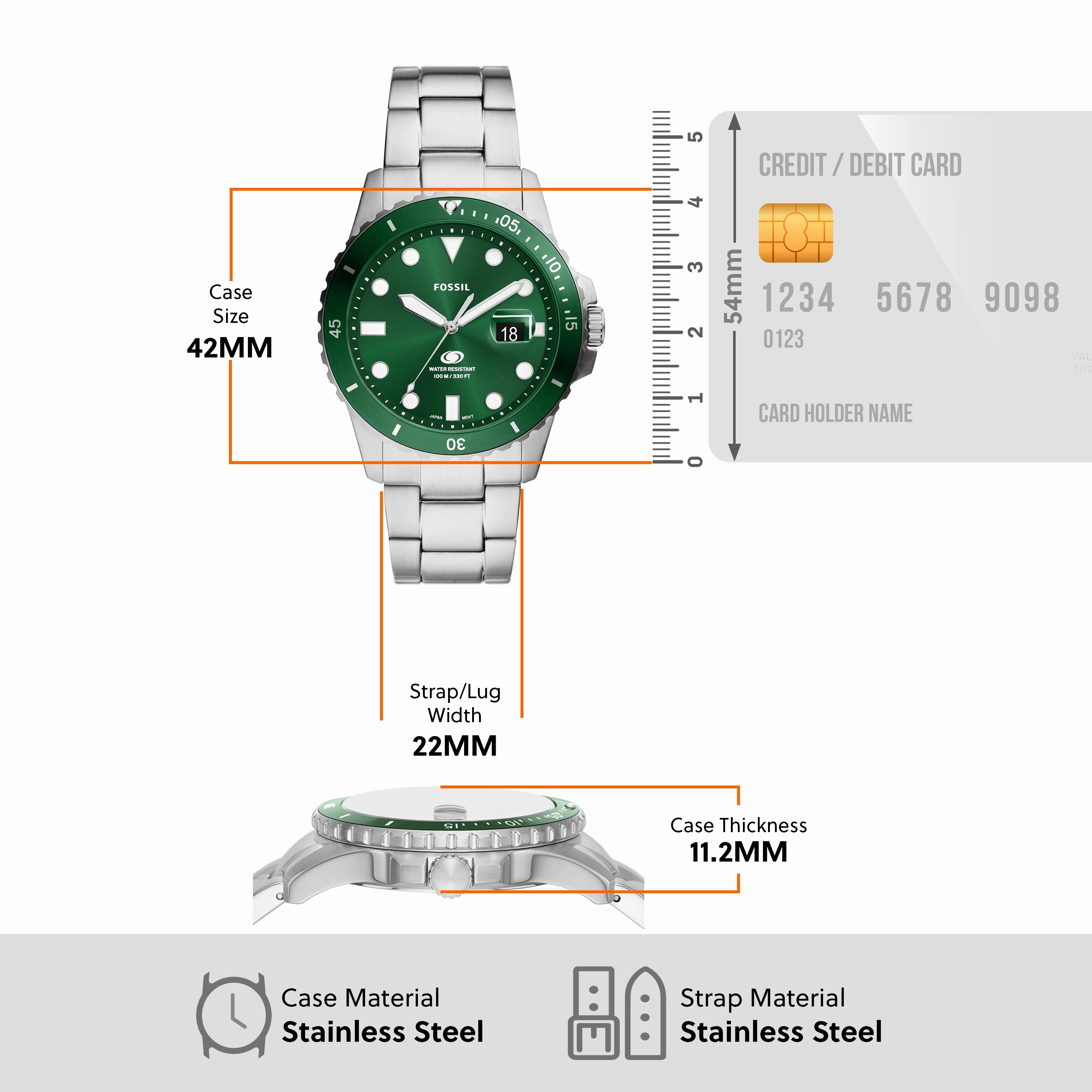 Fossil Silver Stainless Steel Green Dial Men's Watch FS6033