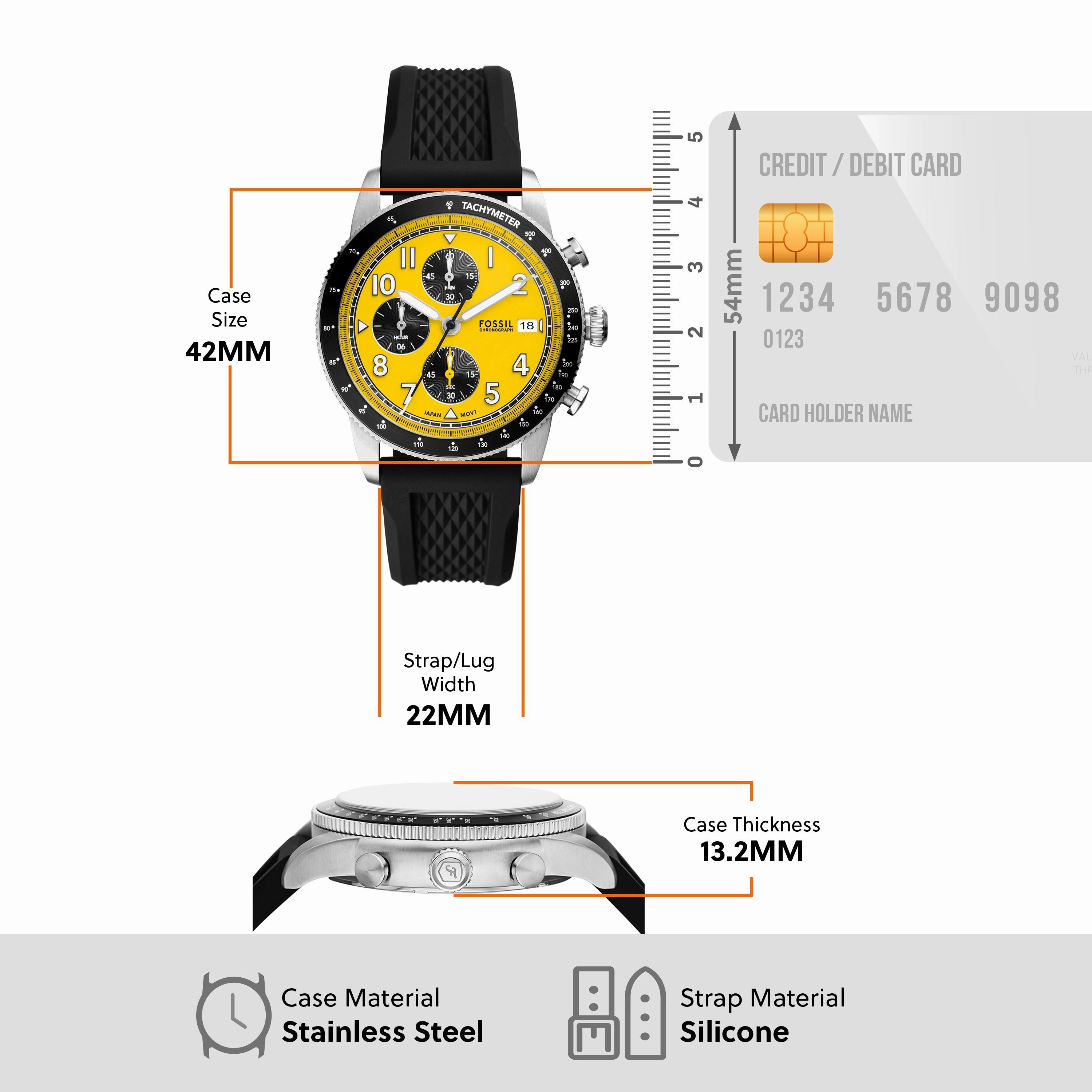 Fossil Sport Tourer Chronograph Yellow Dial Black Band Mens Watch FS6044