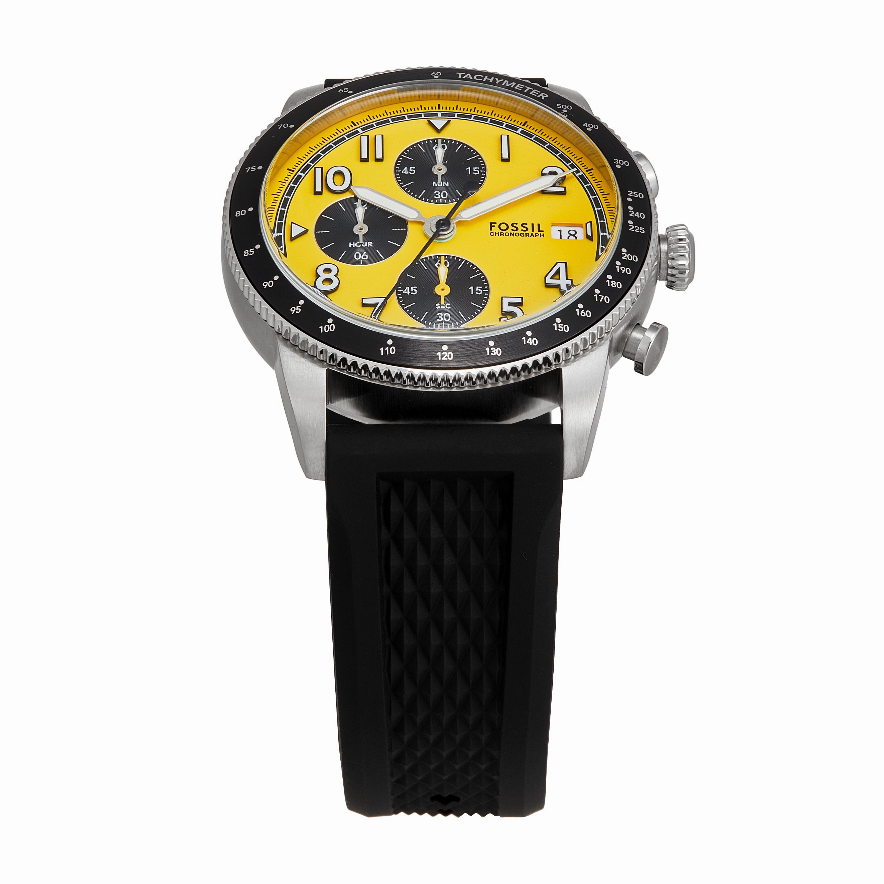 Fossil Sport Tourer Chronograph Yellow Dial Black Band Mens Watch FS6044