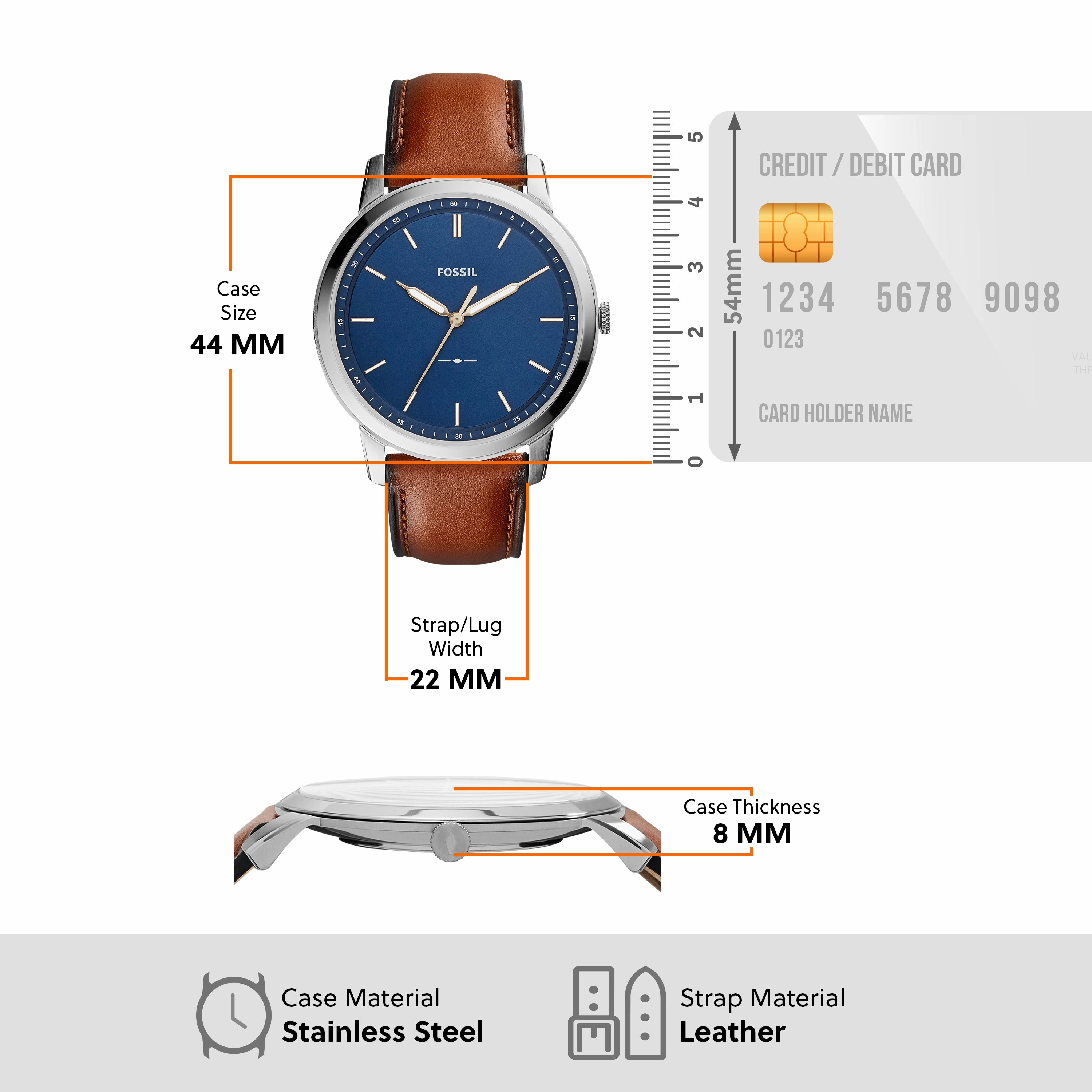 Fossil The Minimalist Blue Dial Brown Leather Strap Watch FS5304