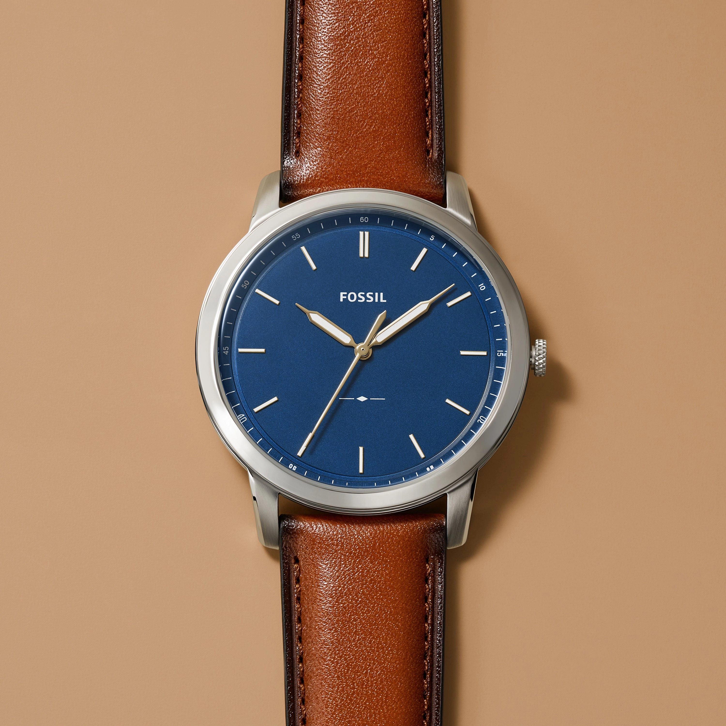 Fossil The Minimalist Blue Dial Brown Leather Strap Watch FS5304