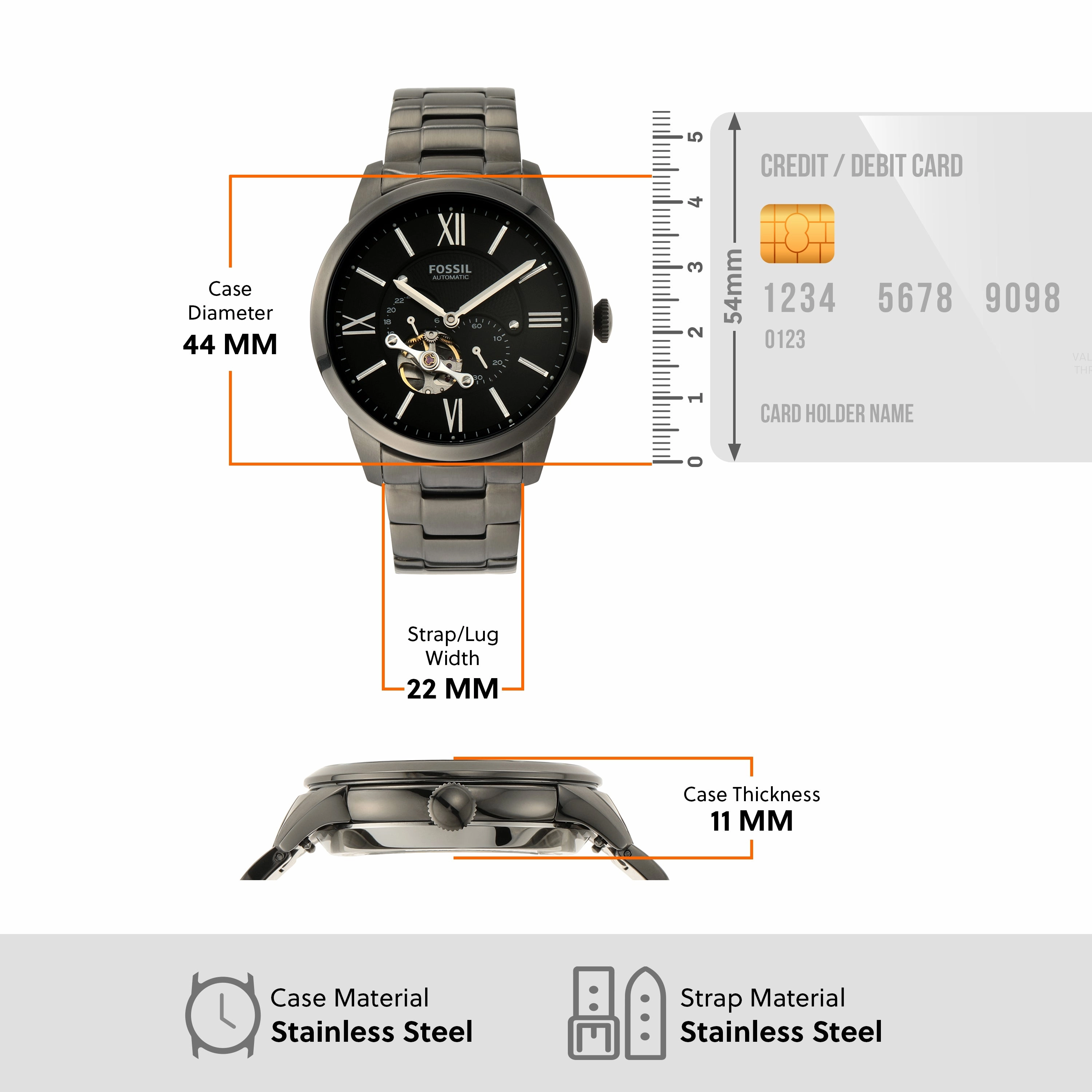 Fossil Townsman Mechanical Black Dial and Smoke Stainless Steel Band ME3172