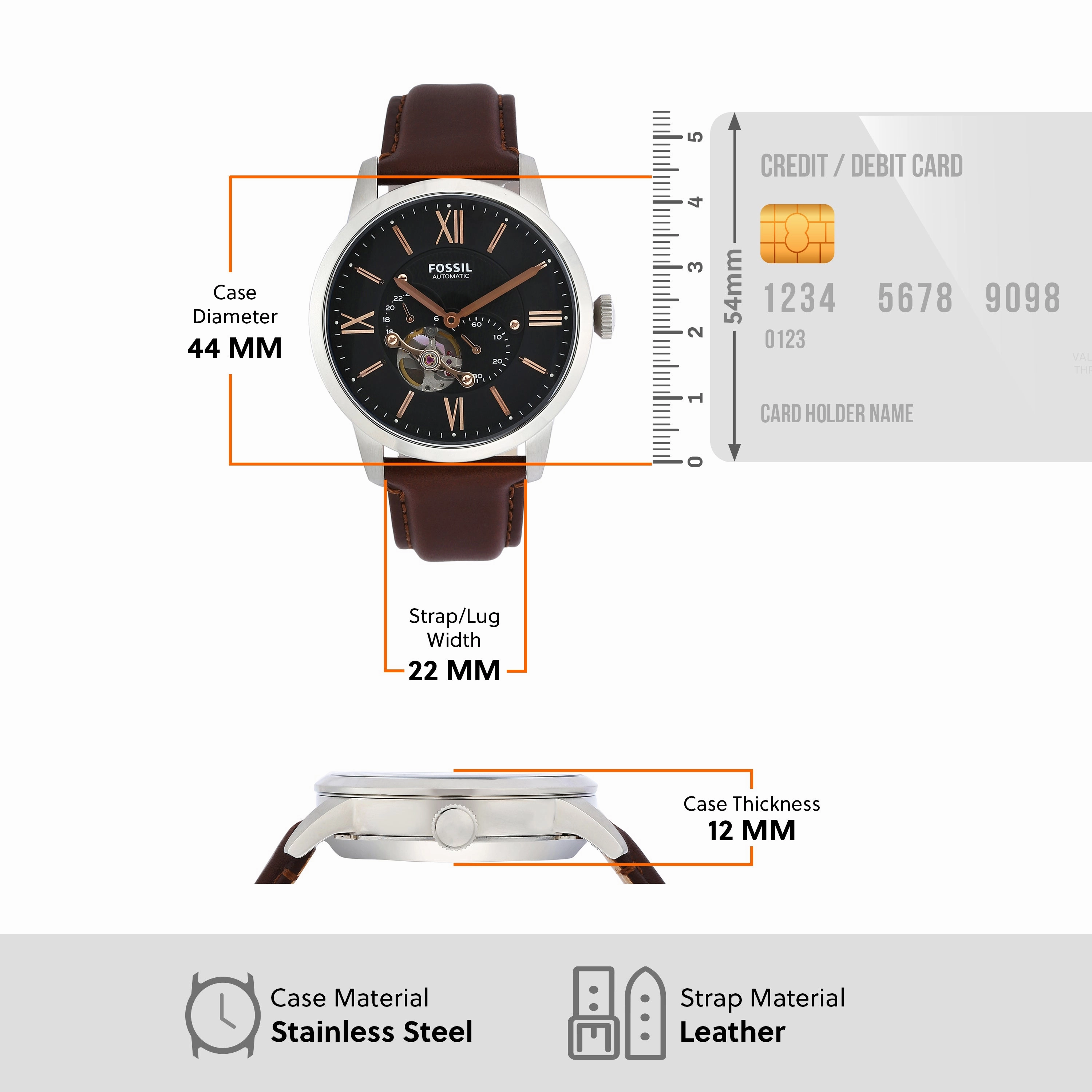 Fossil Townsman Mechanical Watch with Black Dial and Brown Leather Strap ME3061