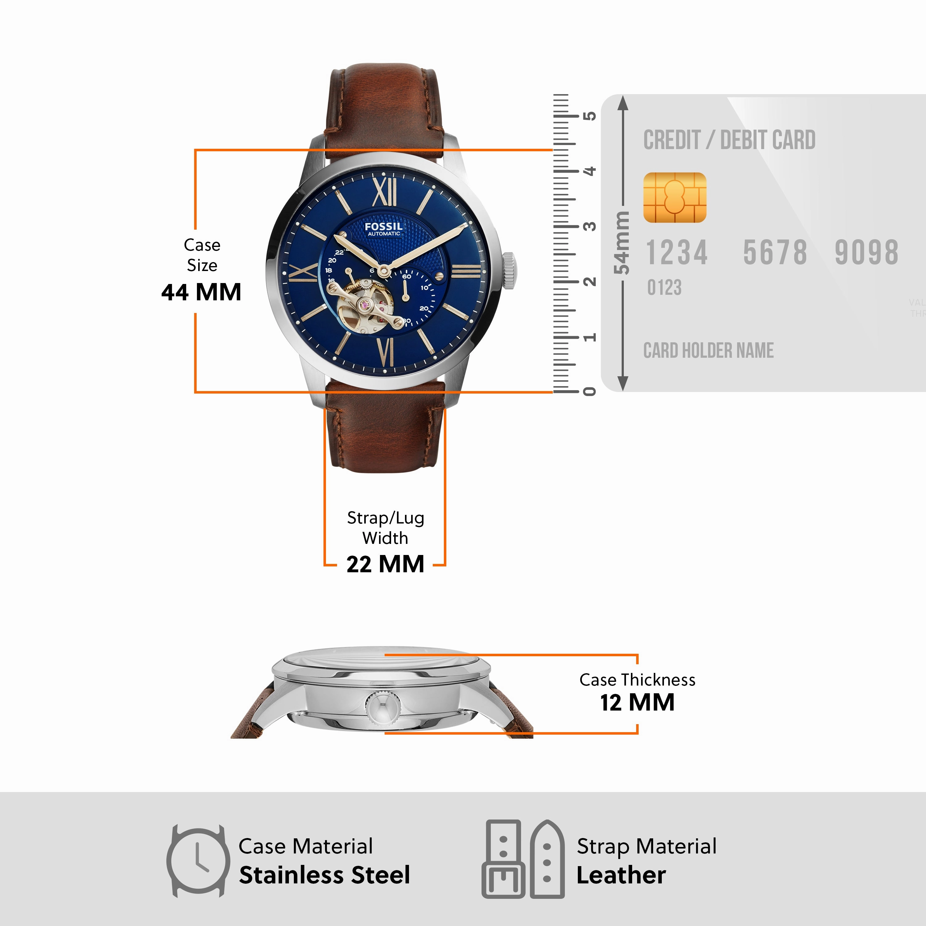 Fossil Townsman Mechanical Watch with Blue Dial and Brown Leather Strap ME3110
