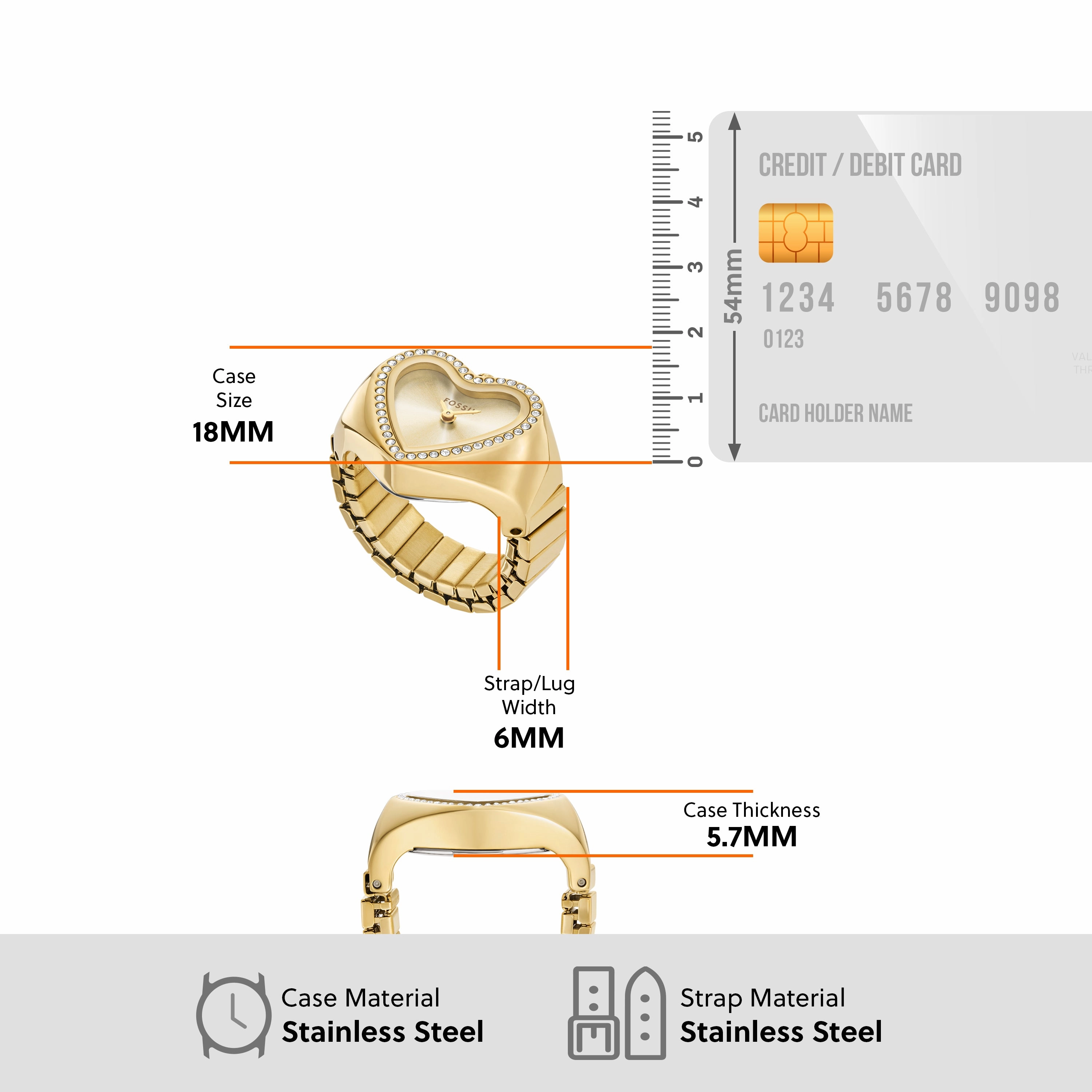 Fossil Two-Hand Gold Stainless Steel Ring Watch ES5407