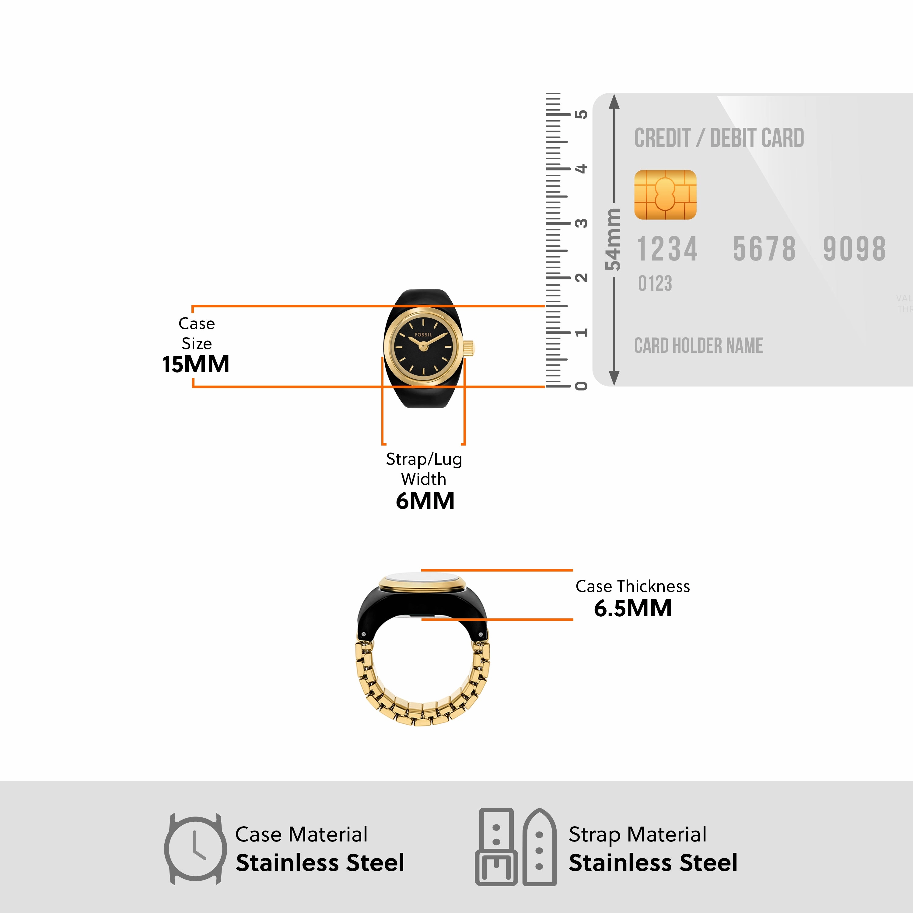 Fossil Two-Hand Gold Stainless Steel Ring Watch ES5413