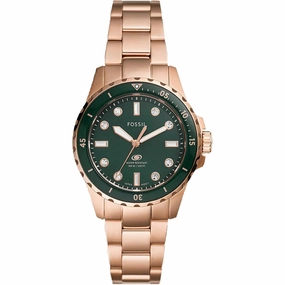 Fossil Women's Watch - Blue Dive Quartz Green Dial Rose Gold Steel Bracelet | ES5371