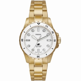 Fossil Women's Watch - Blue Dive Quartz White Dial Yellow Gold Bracelet | ES5350