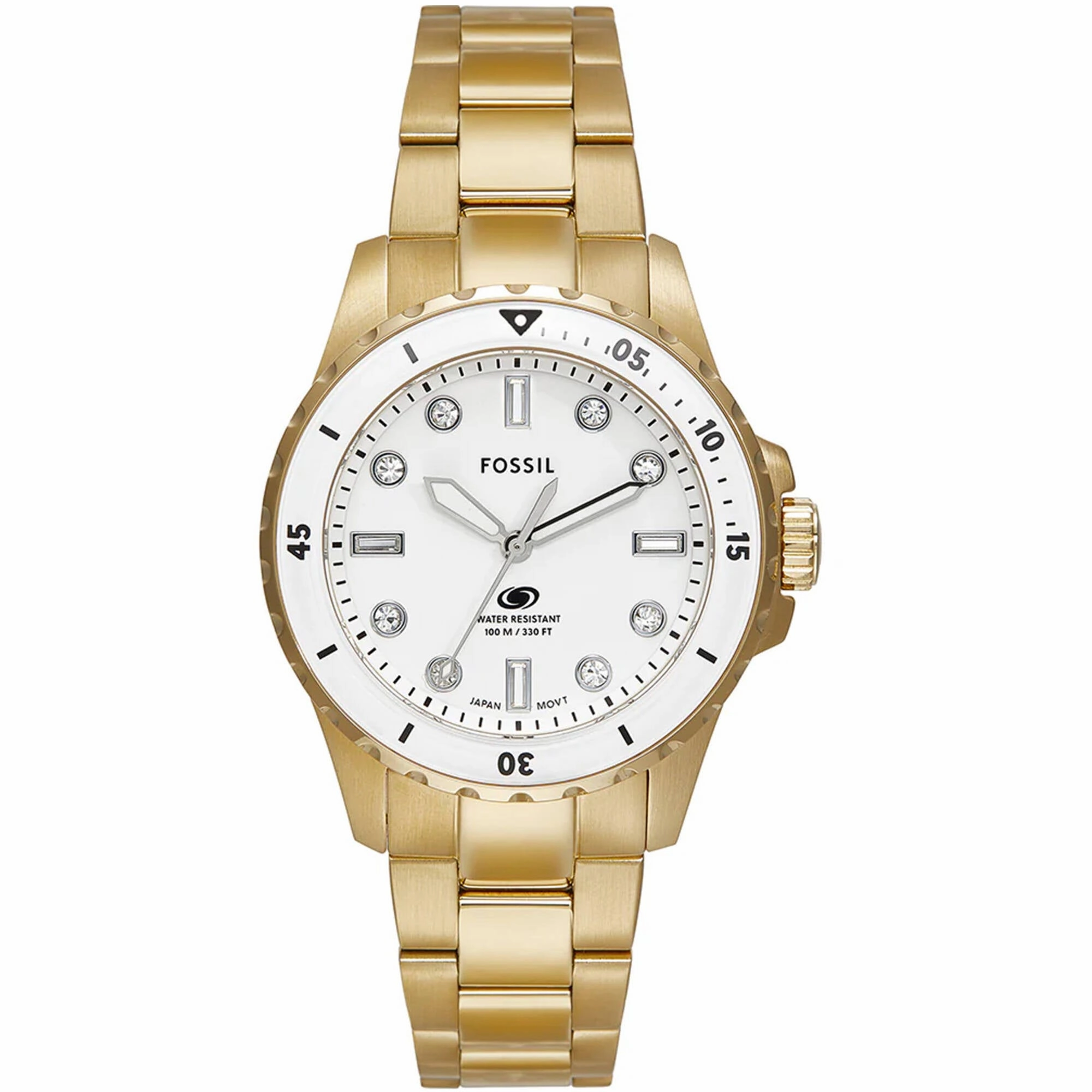 Fossil Women's Watch - Blue Dive Quartz White Dial Yellow Gold Bracelet | ES5350