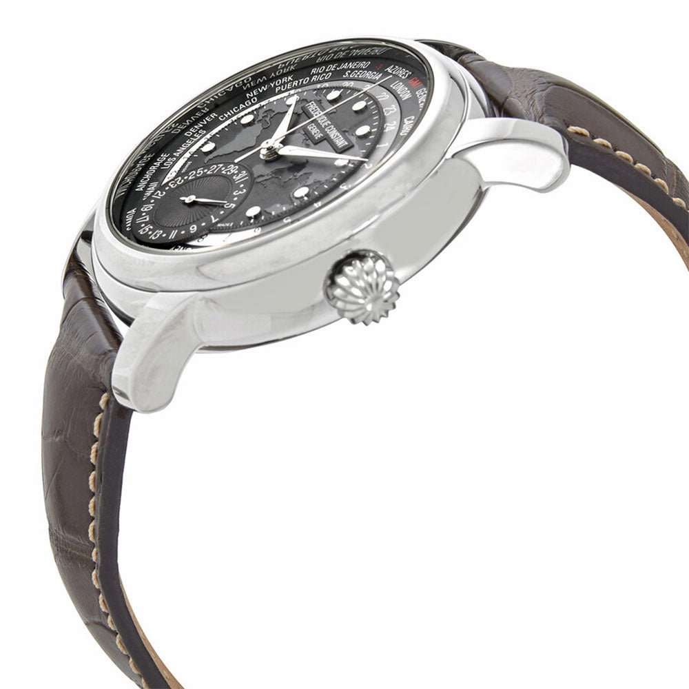 Frederique Constant Classic Worldtimer Manufacture Automatic Grey Dial Brown Leather Strap Date Mens Watch FC-718DGWM4H6